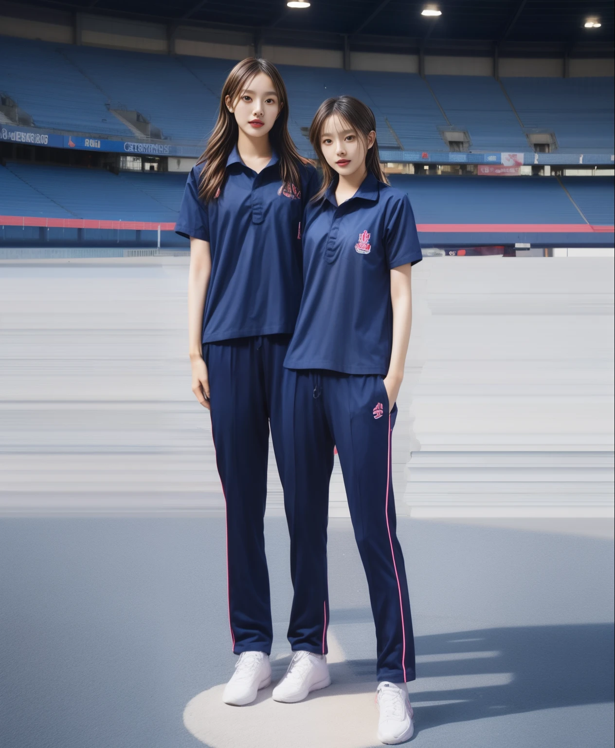 (bestquality,10,10,highres,masterpiece:1.2),ultra-detail,(Realistic,photorealistic portrait,photo-realistic:1.37),1 Cute girl in the football field,oily shiny skin,bara,light smile,BDclothelue shirt:1.3)),short sleeves,shirt, trousers.,(navy_long_Pants Track:1.1), ((Stadium Background:1.3)),dynamic angle,excited,face focus,Dynamic Poses,from behide,Ass Focus,masterpiece, bestquality, ultra realistic, hyper-detail, 8k resolution, RAW photo, crisp focus, ((Navy blue shirt:1.1)), short sleeves, Long Path, Perfect body, 2 mature women, 18yo, cinematic light,Blue sweatpants,Gymware,Correct anatomy,Complete body, Correct body, sharp face, Anatomically correct body, full entire body, Realistic gestures, long-haired, Realistic poses,Wear long shorts.....................................,Long leg span,Shapely,Sculpting Girl, Slender Figure, mannequin mannequins, Shapely, Beautiful body,Blue sweatpants, Two girls kissing