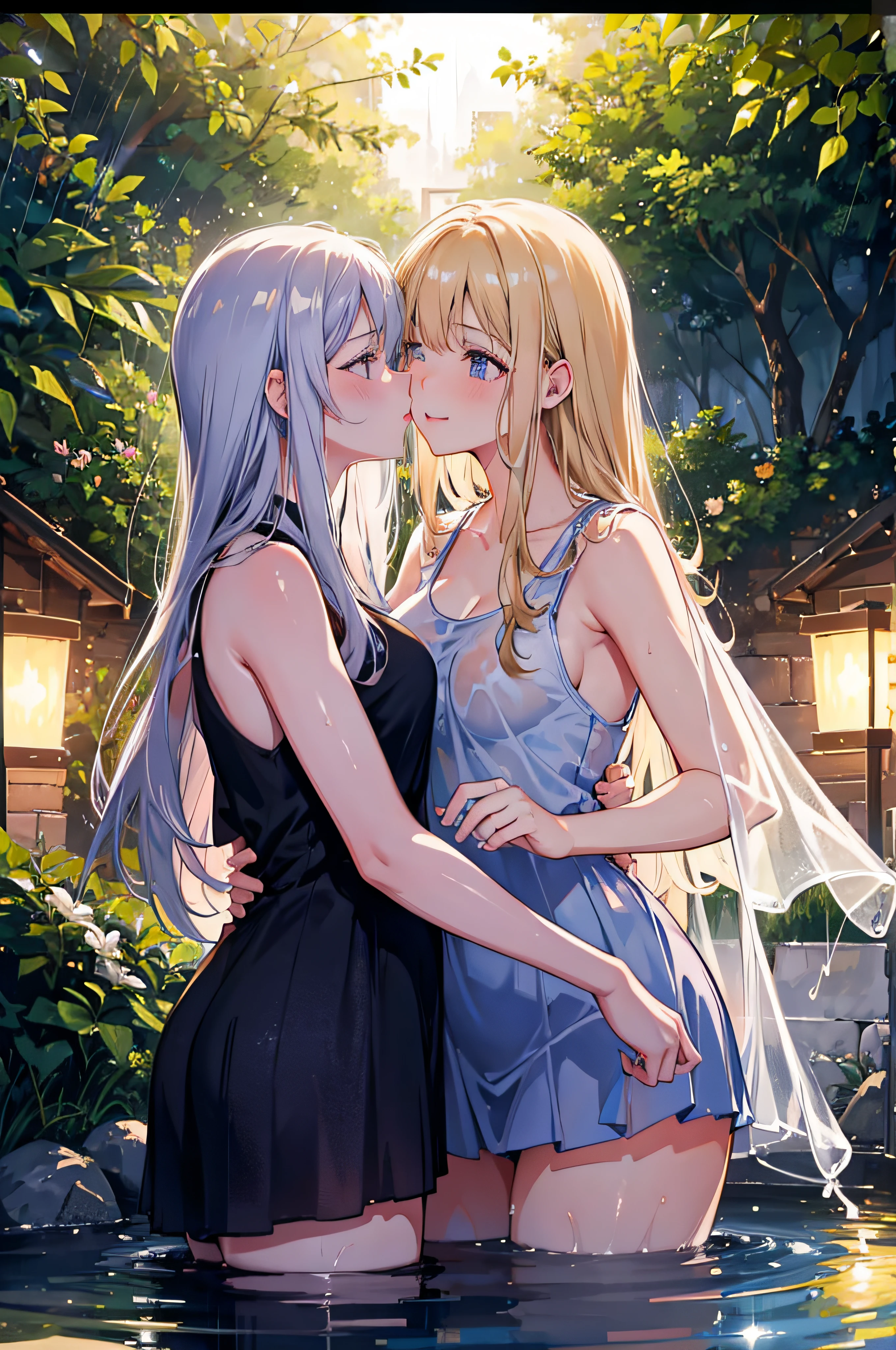 two girls, yuri, kissing, light hair, athletic bodies, in a greek garden, beautiful, detailed faces, rain, wet transparent tank top, wet skin, light smile:0.5, aroused, nipple seethrough