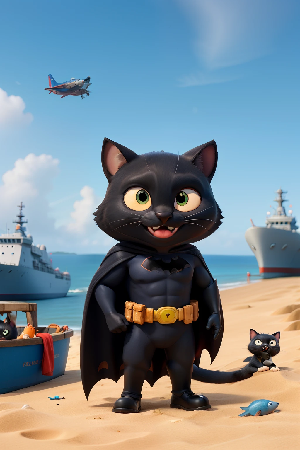 Sheriff black cat wearing black batman suit,Holding the mouse's tail,Rat grins,Wearing Superman's clothes。On a seaside with blue sea and sky,There are crabs lying down in the sand。Two fishermen are fishing nearby,There is an aircraft carrier in the sky。