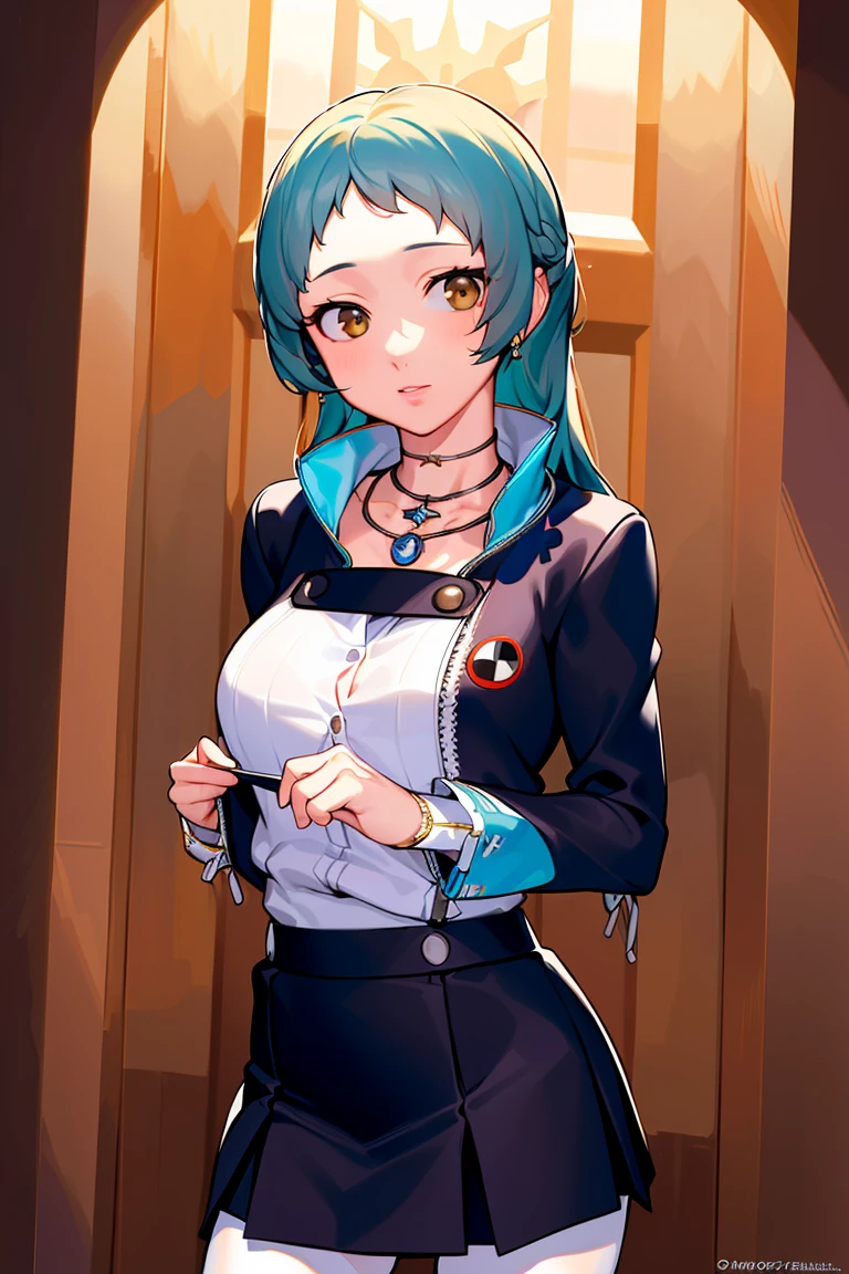 8k, best quality, ultra high res, ultra detailed, extremely detailed lighting, cinematic lighting, high quality:1.4), realistic, (finely detailed beautiful, cowboy shot, solo, 1girl, yamagishi fuuka, long hair, school uniform, skirt, white pantyhose, jewelry, necklace, upper body