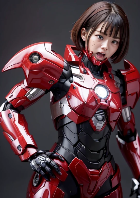 Female Iron Man(Red and black)、The sheen、short cut hair、Textured skin, Super Detail, high details, High quality, Best Quality, hight resolution, 1080p, hard disk, Beautiful,(Gundam),beautiful cyborg woman,Mecha Cyborg Girl,Battle Mode,Girl with a Mecha Body,She wears a futuristic Gundam mecha,Fulll body Shot、、Expression of bitterness、Sweaty face、、Open your mouth wide to the maximum、Full Face Mask、a sultry、sodden、placement、Steam from the head、Spread your crotch、The pubic area is visible、Opening Mouth、