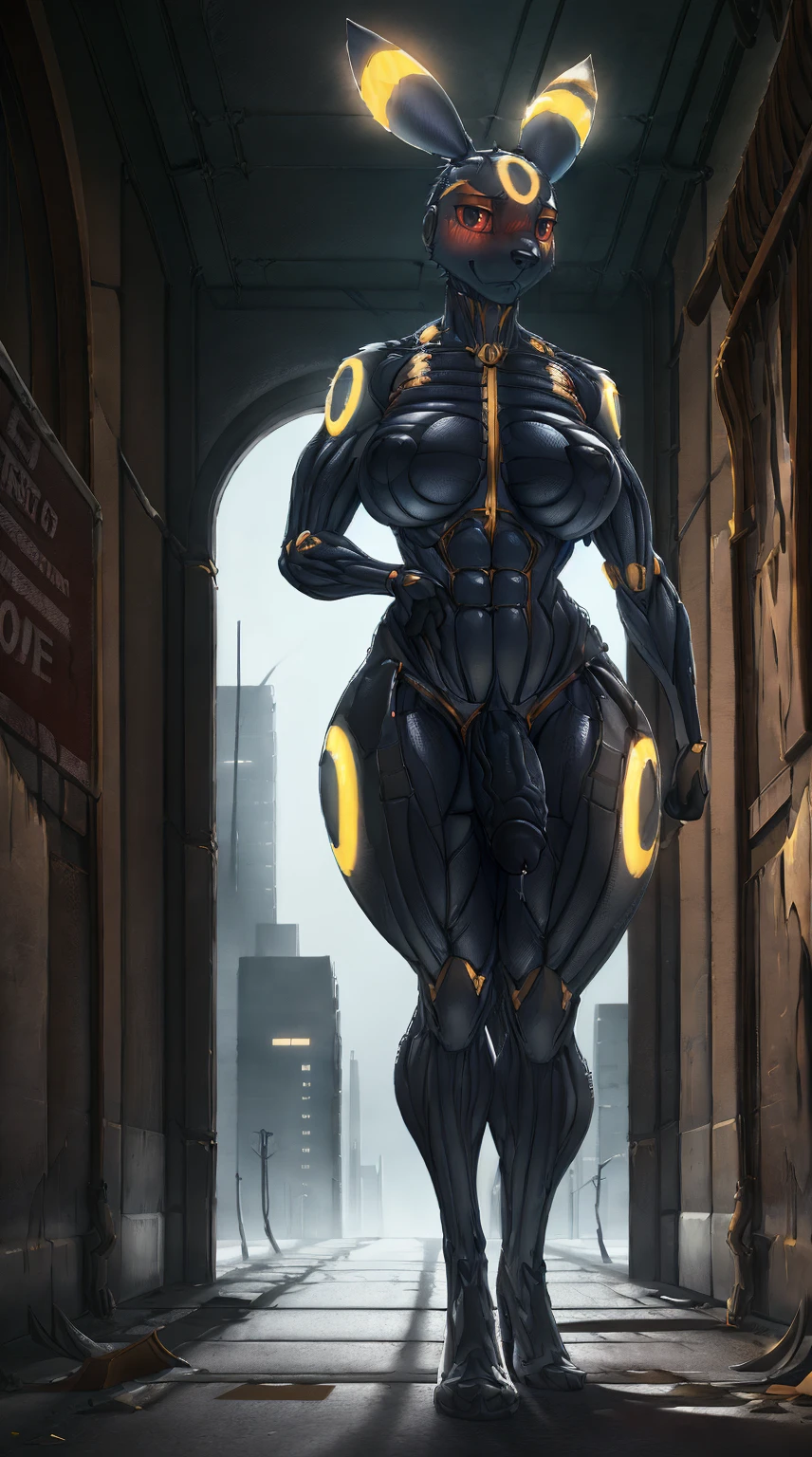 (Crysis 2 Nanosuit),(Pokemon Umbreon wearing Nanosuit from Crysis),(big breasts),(thick thighs),(muscular thighs),(wide hips),(muscular legs),(big penis),(mechanical penis),(embarrassed expression),(best quality,4k,8k,highres,masterpiece:1.2),ultra-detailed,(realistic,photorealistic) post-apocalyptic background, grey sky, lonely atmosphere, walking, dystopian future, concrete jungle, abandoned buildings, steel structures, shattered glass, caution signs, derelict vehicles, remnants of a fallen civilization