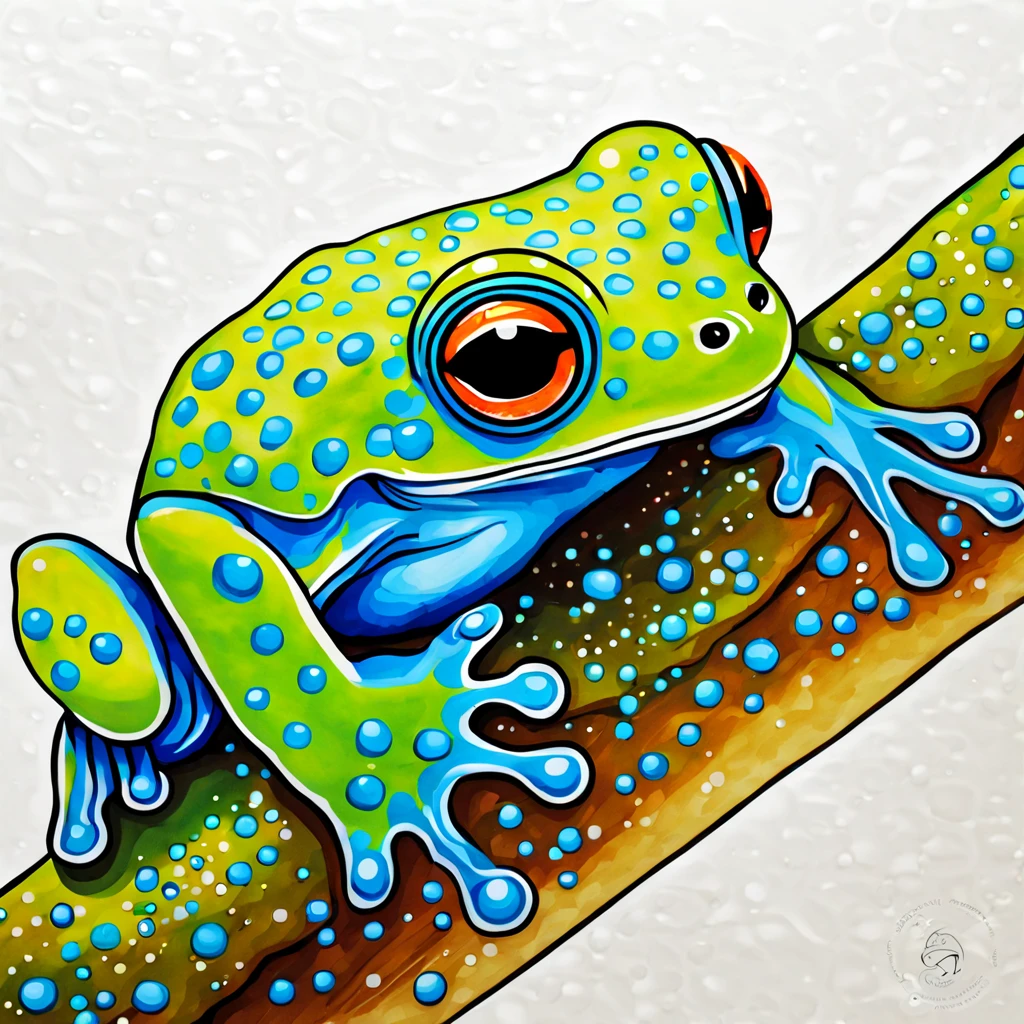 Vivid Green Tree frog with blue spots surrounded by aqua-blue bubbles and blasting out a beam of bubbles, in sharpie art style, background pond