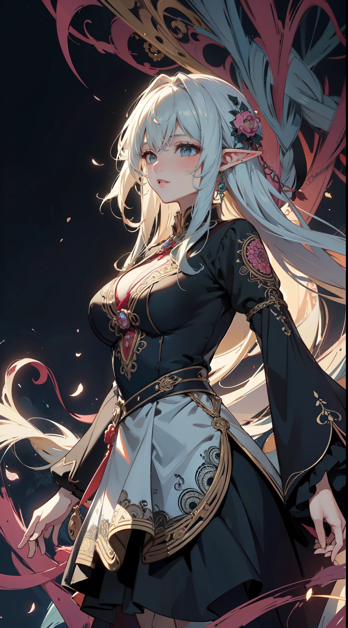 official art, unity 8k wallpaper, ultra detailed, beautiful and aesthetic, masterpiece, best quality, (zentangle, mandala, tangle, entangle), (fractal art:1.3) , (elf), 1girl, extremely detailed, dynamic angle, cowboyshot, the most beautiful form of chaos, elegant, a brutalist designed, vivid colours, romanticism, by Artgerm, Wadim kashin, Kawacy, atmospheric, ecstasy of musical notes, streaming musical notes visible