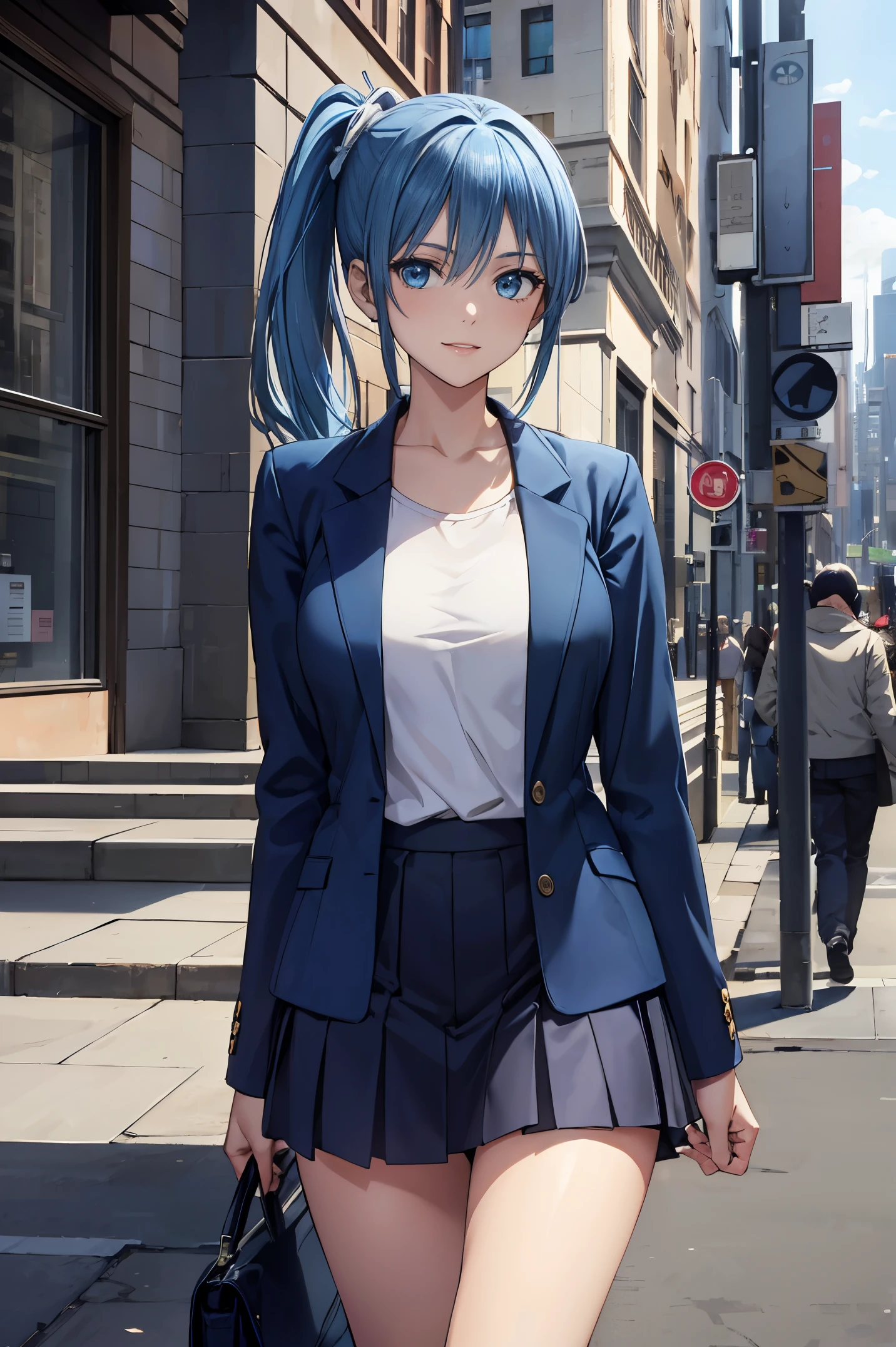 masterpiece:1.2, best quality, ((ultra detailed)), high resolution, 2d, anime style , photo, photography, detailed background, ((dark blue hair,side ponytail,light blue hair inner color,medium breasts))
BREAK
solo,(droopy eyes:1.3),20 years old, (,tall face, tall female)), ((blue eyes;1.2 )),smile,
BREAK
walking,NewYork,street,skirt,jacket,