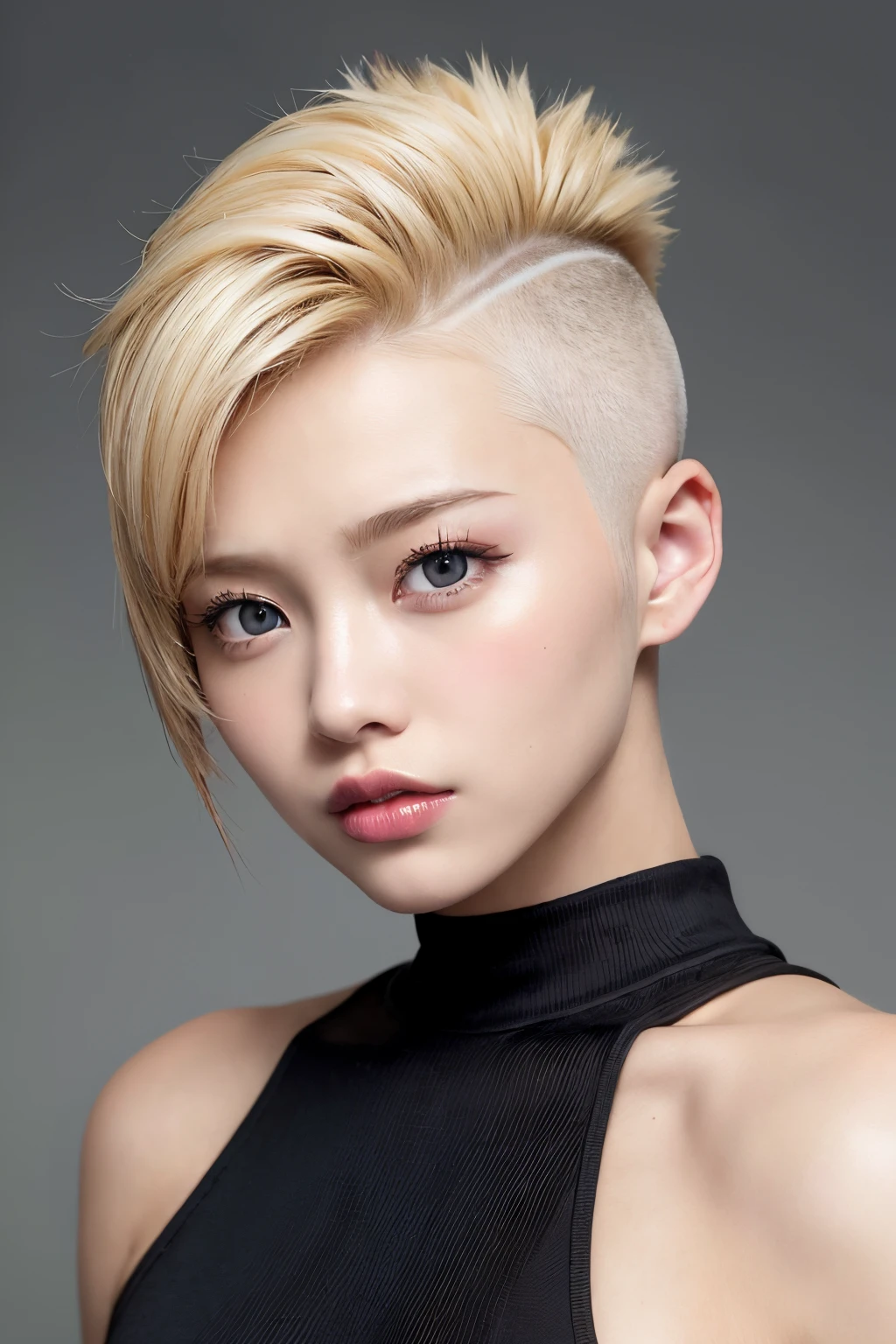 20-year-old woman、Blonde、(High Top Fade:1.3)、Woman warrior、Dark Theme、Calm colors調、Calm colors、High contrast、(Natural skin texture、Hyperrealism、Soft Light、sharp)