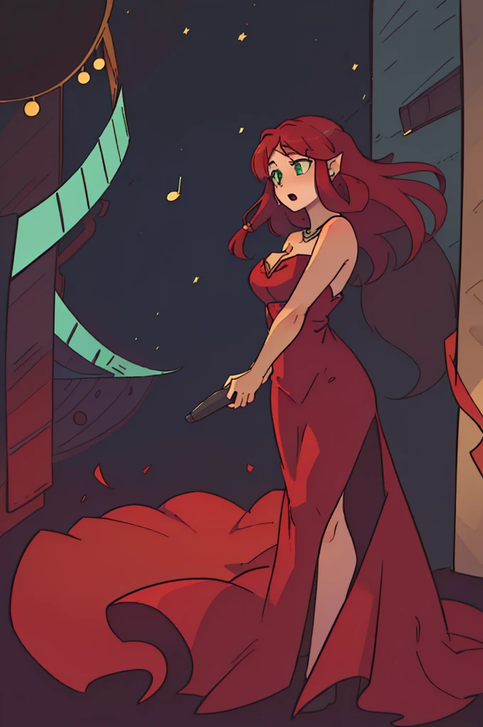girl, long red hair, full body, ((long red elegant dress)), standing straight, singing a seductive song on stage of a jazz club, bare shoulders, show a little ankle, holding one microphone, strapless, green eyes
