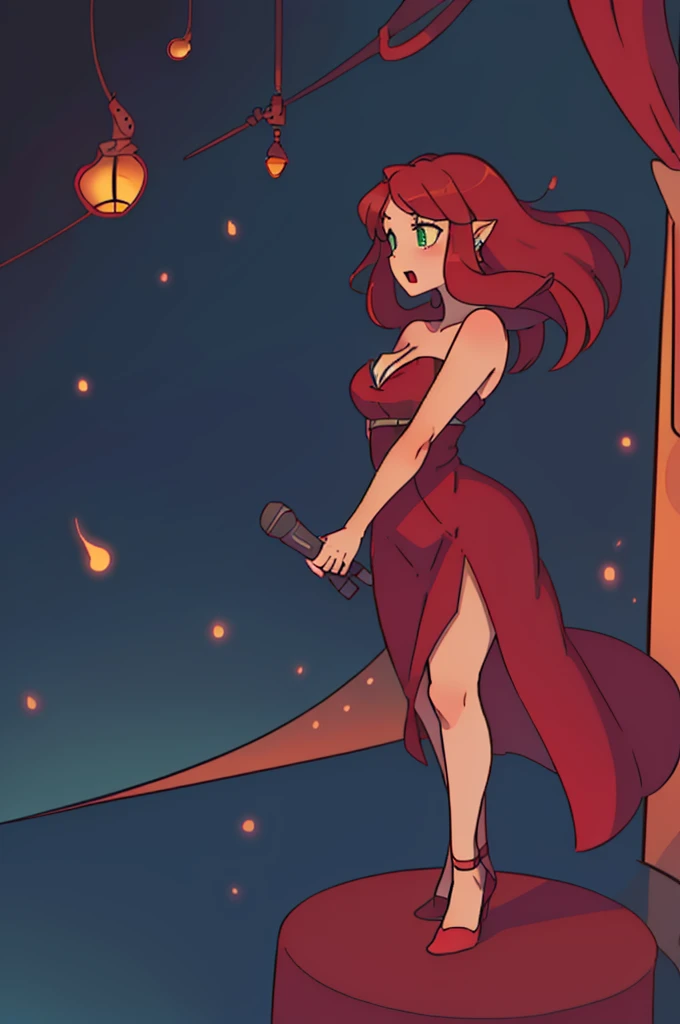 girl, long red hair, full body, ((long red elegant dress)), standing straight, singing a seductive song on stage of a jazz club, bare shoulders, show a little ankle, holding one microphone, strapless, green eyes