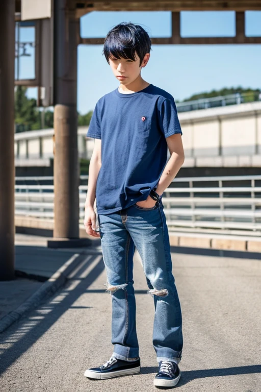 cool Japanese boy wearing jeans torn only at the knees standing position.