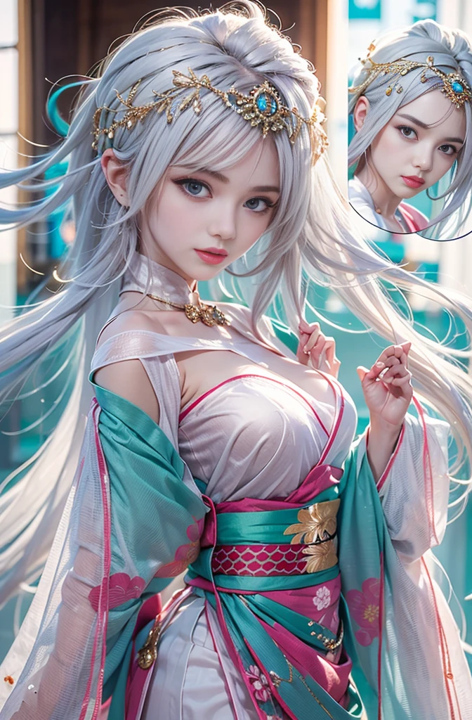 (Photoreal Stick:1.4, masutepiece:1..3, 8K), top-quality, masterpiece, 超A high resolution, Perfect dynamic composition, Professional camera work, Grow Light Effect, Mystical portrait, Cinematic Light, Highly detailed skin and facial texture:1.3, The ultra-detailliert, A detailed eye, (myterious:1.3, Fanciful:1.2, Deities々Right:1.2, majestueux:1.2), 1girl in, 25-years old, cute and sexy slim goddess, Fair skin, (Calm:0.9, Totally captivates you:1.0), (japanese miko costume:1.3, off shoulders), (voluptuous breasts:0.9), (Backshots), (A beautiful Blue eyes, Eyes that feel beautiful eros:0.85), (A mouthfeel that feels beautiful eros:0.85), ((Too cute beauty:0.9)), Fantastic background, Accurate hand and finger expressions