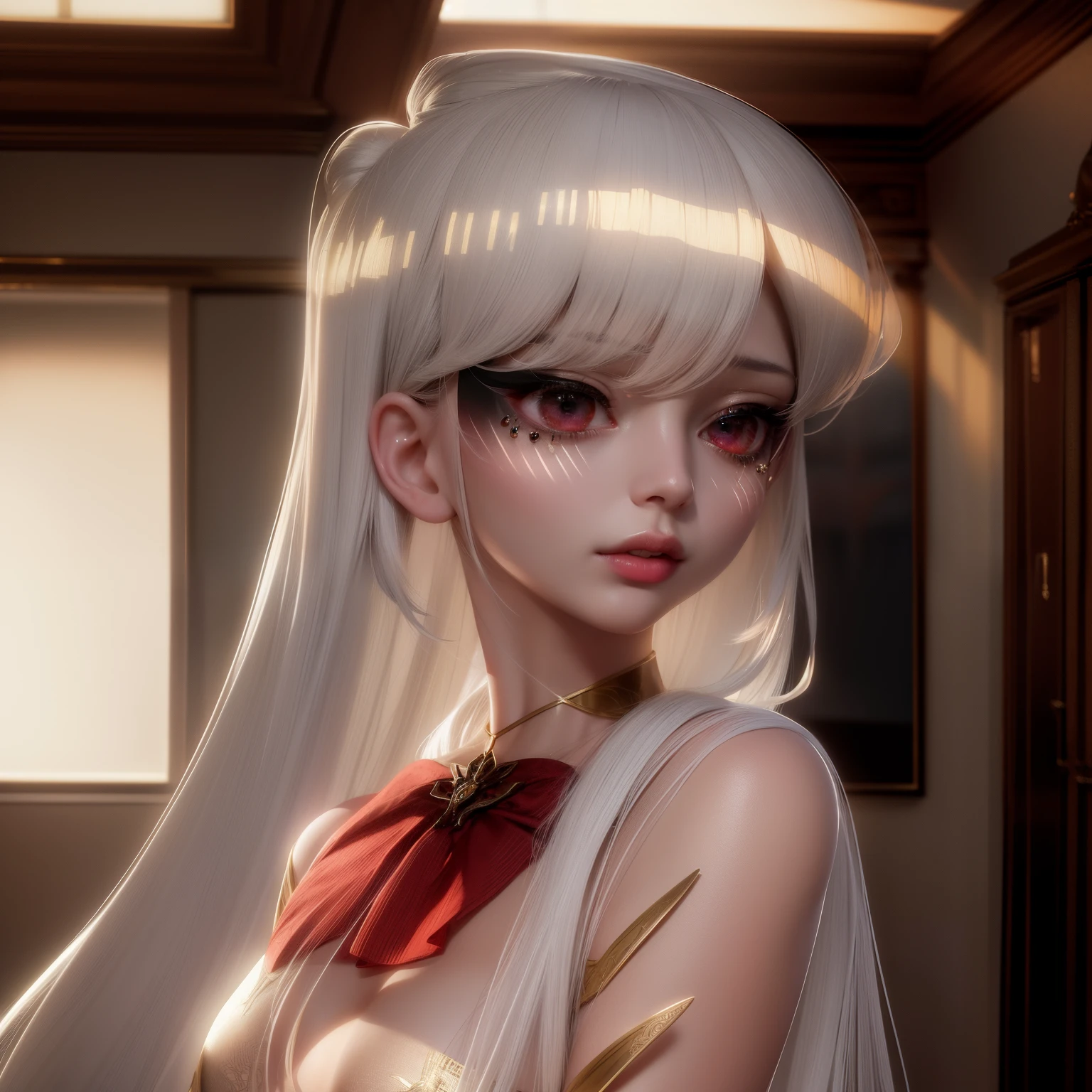 Ultra-realistic 8k CG, perfect face, flawless, clean, professional artwork, famous artwork, cinematic lighting, cinematic bloom, perfect face, beautiful face, beautiful face, beautiful eyes, ((perfect female body, narrow waist)), white hair, red eyes, beautiful queen, royal, divine, divine, goddess, divine, (royal palace), fantasy, dreamlike, unreal, science fiction, huge breasts, beautiful clothing, lace trim, leggings with lace trims, nsfw, breasts out, absurdly long hair, (rich: 1.4), prestige, luxury, jewelry, diamond, gold, pearl, gem, sapphire, ruby, emerald, intricate details, delicate print, sexy, charming, seductive, erotic, charming, charming, hair ornament, necklace, earrings, bracelet, bracelet, bracelet, bracelet,