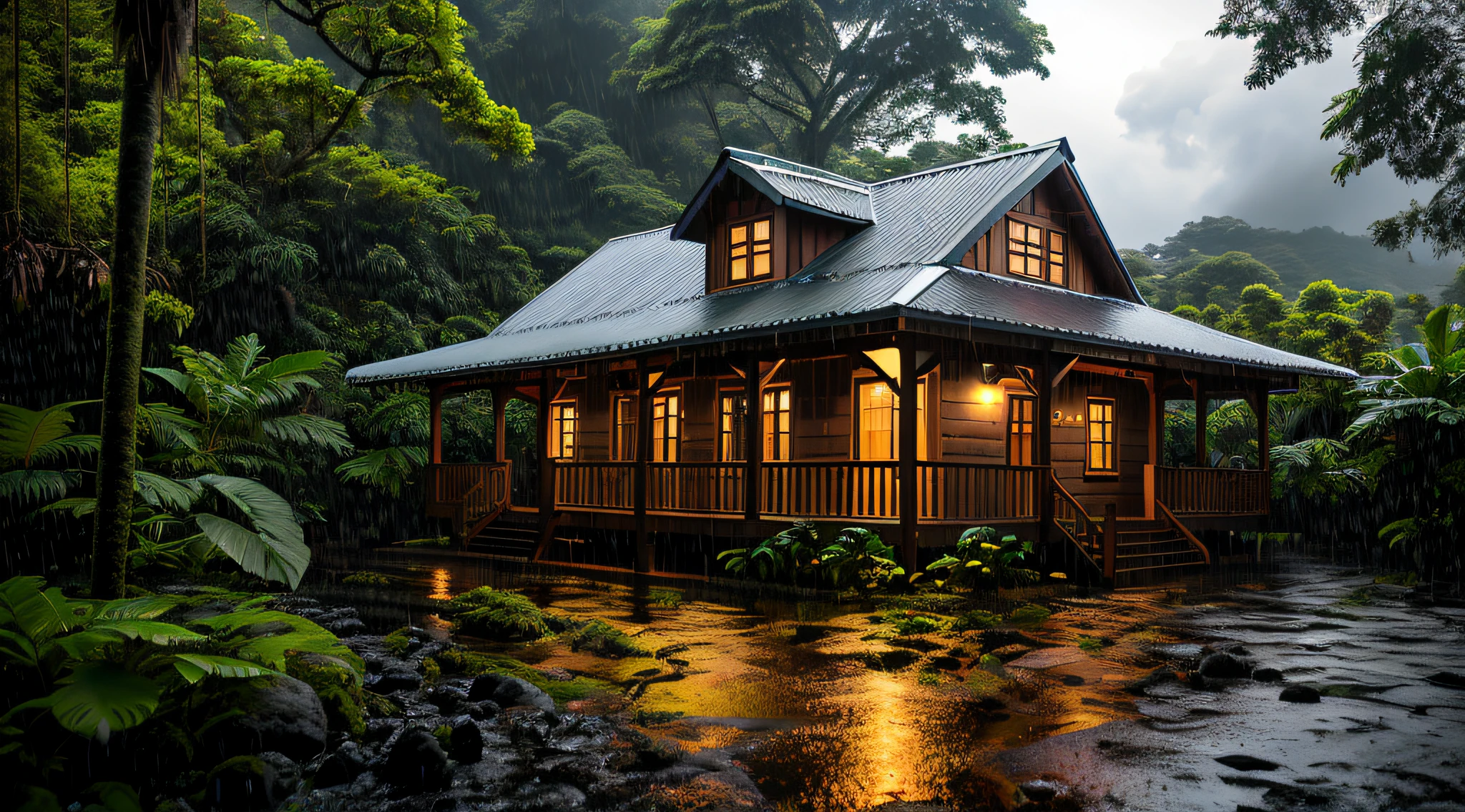 Vintage wooden house, lush small house, beautiful house, night, lights on, Costa Rica green rainforest, Heavy rain falling on the roof, Emphasizing the contrast between the natural environment and the rainwater flowing from the roof, dark scene after the rain, landscape wet, dark clouds, nature photography, Portrait with macro lens (Nikon AF -S VR Mini Nikkor 105mm f/ 2.8G IF) When aperture is f/5.6