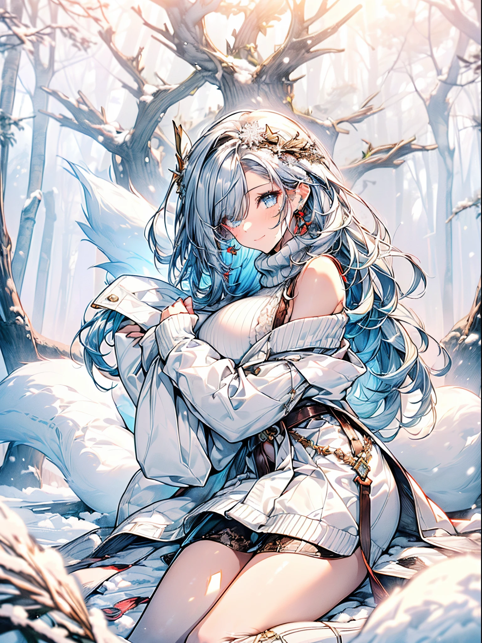 ((2 girls group photo:1.5, playing around in snowy field in forest:1.37)), Nordic, ((matured girl wearing Sexy white outfits:1.3, cable knit sweater:1.3, close-up face:1.3, seducing sexually:1.3)), a matured woman with long hair and a white outfit, white winter coat with bore, knit scarf, green ribbon, knee length long boots, white and green winter outfits, wearing dark green pleated skirt:1.3, full bodyesbian, fine details, beautiful anime illustration, 26 years old, BREAK, ((milf:1.5, duo:1.5)), (sfw:1.25), (sagging breast, fuge breasts, big tits, thin waist, big ass:1.2), Raised sexy, (dark mahogany medium short hair, updo, hair over one eye, asymmetric hair, Carly hair, low tied braid, musulman, white Headscarfs, hair bands, head vandage, Turban), (ultra high resolution, 8K RAW photo, photo realistics, thin outline:1.3, clear focus, best qualtiy, natural lighting, textile shading, blurry back ground, depth of field, bokeh, (bright shiny pupils:1.2, fine detailed beautiful eyes with highlight:1.3, super detailed eyes, high detailed face), Red lip, fine realistic skins:1.1, looking at viewers through your shoulder:1.3, (dynamic angle:1.3, crotch focus:1.3, from behind below:1.4), (multi posing:0.0, sexy pose:1.3, sitting with opening legs shaped M:1.5), (seductive, sexy smile with:1.4), centered image:0.2, (wearing white long coat with bore and clothes:1.1, bare breast:1.2), gold ornaments, rolling red clothes around waist, dark brown long leather boots:1.3, translucent lace pantyhose), (((correct anatomy:1.5))), ((perfect hands:1.5, ideal ratio body proportions:1.37)), (in a night:1.3), outdoors:1.6, ((under starry sky:1.2, snowy forest background:1.5, trees with fallen snow:1.2, fluttering snowflakes:1.3)),