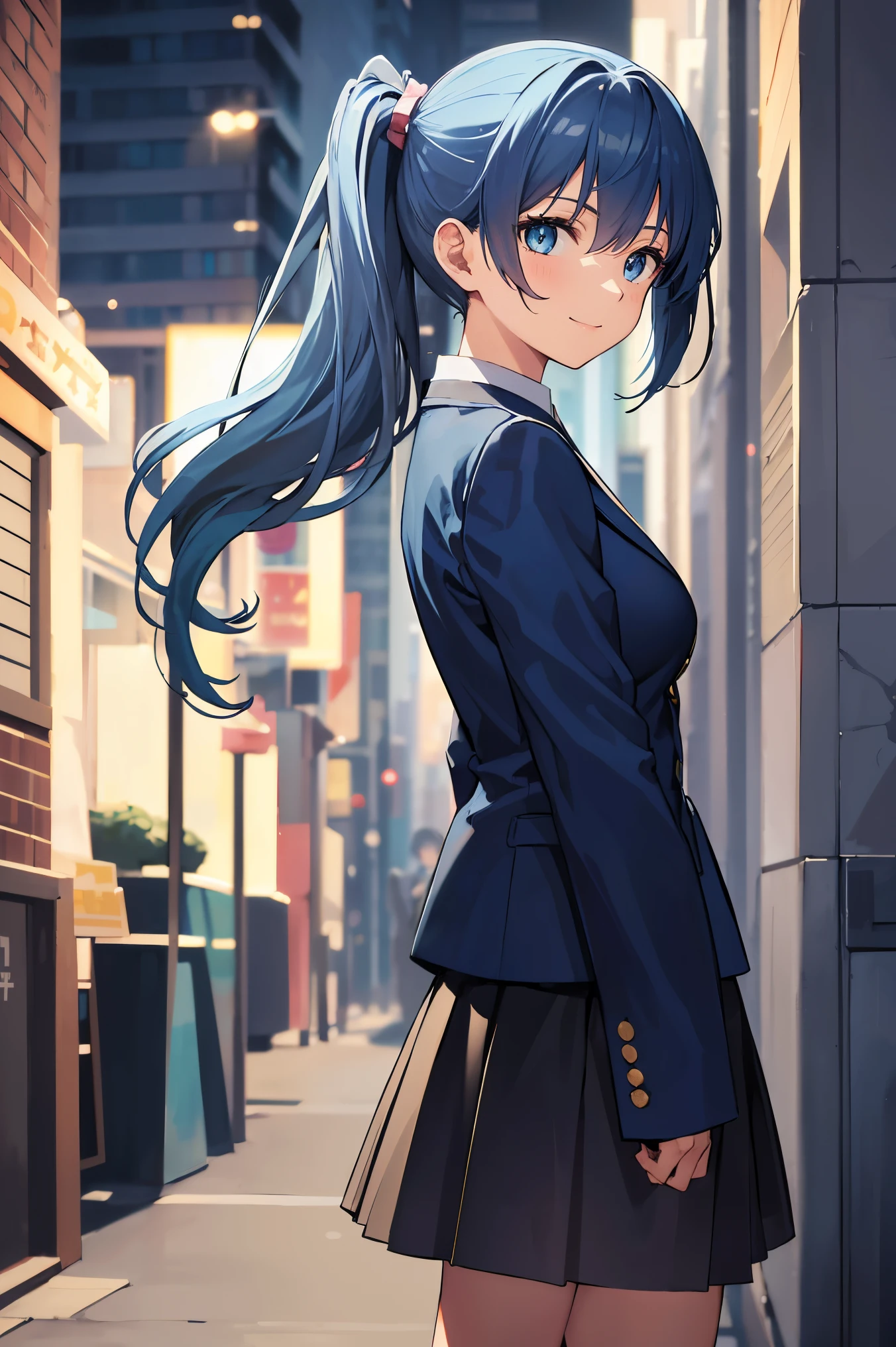 masterpiece:1.2, best quality, ((ultra detailed)), high resolution, 2d, anime style , photo, photography, detailed background, ((dark blue hair,side ponytail,light blue hair inner color,medium breasts))
BREAK
solo,(droopy eyes:1.3),20 years old, (,tall face, tall female)), ((blue eyes;1.2 )),smile,
BREAK
walking,NewYork,street,skirt,jacket,
