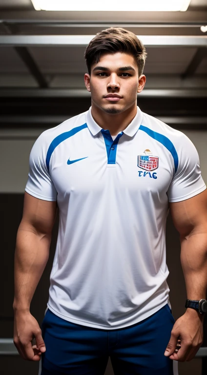 Male, handsome, young, (((gigantic pecs:1.3))), ((tight shirt:1.2)), soccer player, cheerful face
