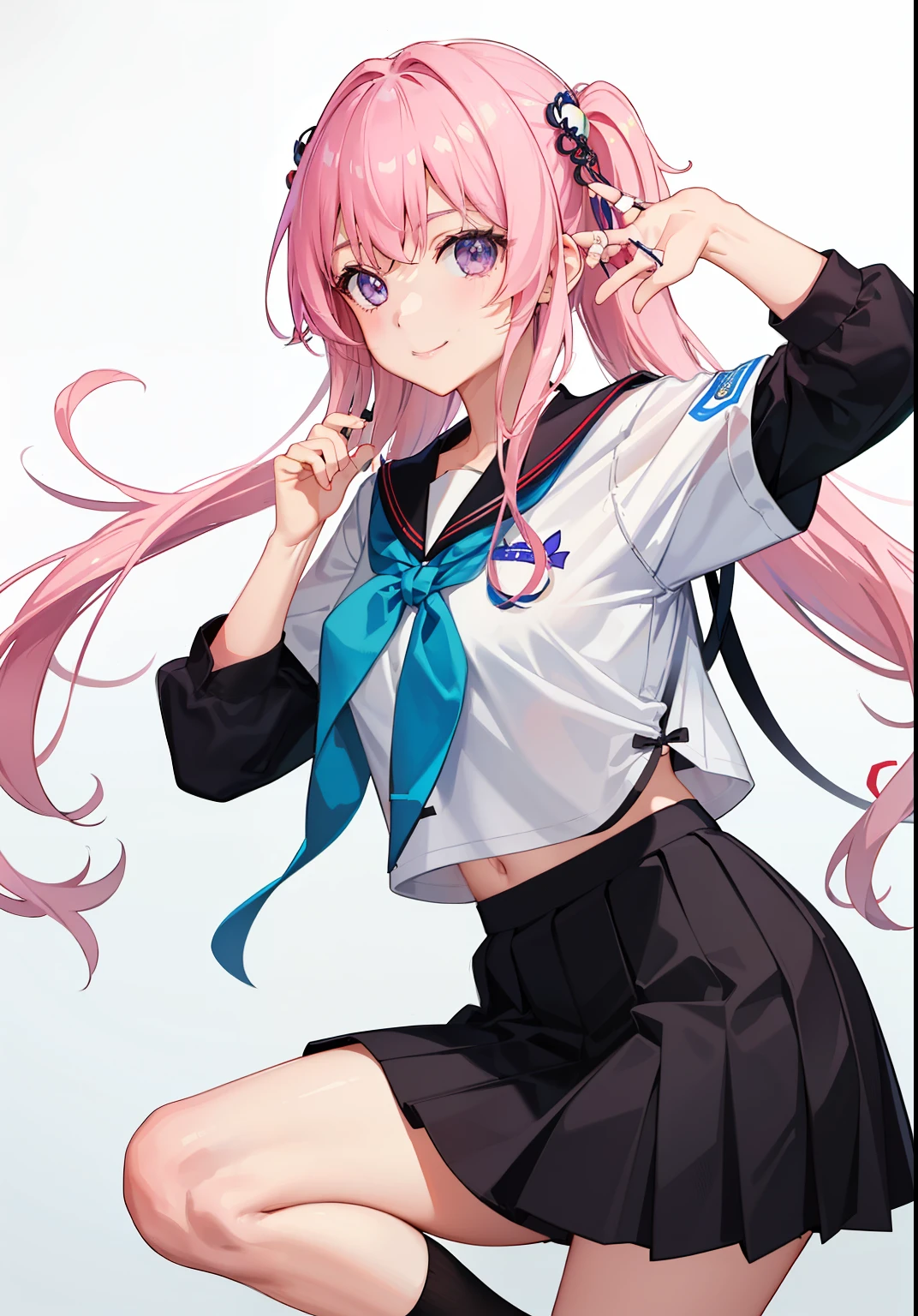 1girl in、As-、A smile、The shirt、skirt by the、Light in the eyes、（highlight in eyes）、（small tits）Chilarism、Japan High School Student Uniform、serafuku、summer clothing、（Portrait from the knee up）、