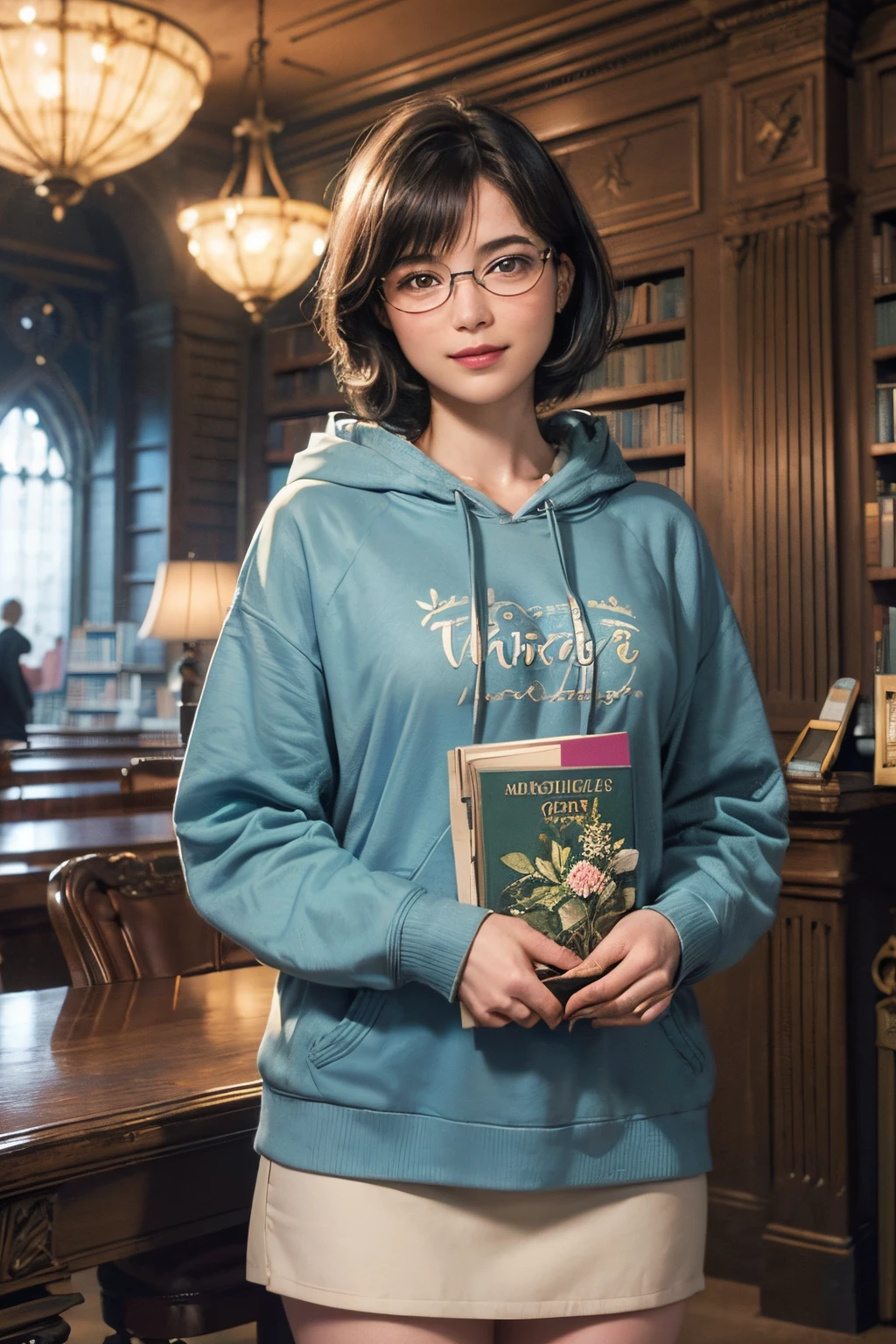 136
(a 20 yo woman,I'm in a dark library), (A hyper-realistic), (high-level image quality), ((beautiful hairstyle 46)), ((short-hair:1.46)), (Gentle smile), (brest:1.46), (lipsticks), (Wearing glasses), (murky,wide,atlibrary), (florals), (wearing hoodies)