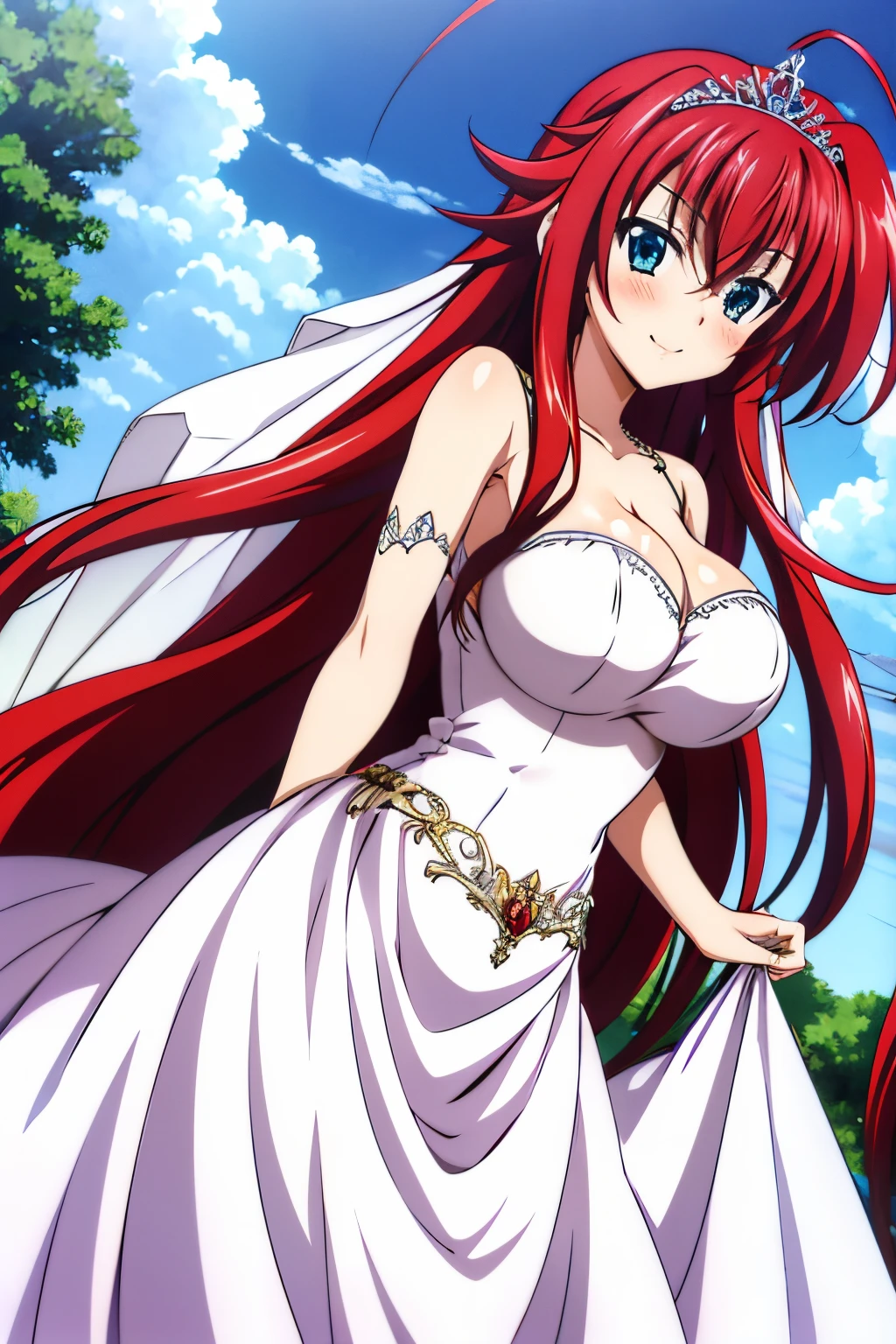 rias, 1girl, solo, long_hair, breasts, looking_at_viewer, blush, smile, blue_eyes, large_breasts, dress, cleavage, bare_shoulders, very_long_hair, ahoge, red_hair, white_dress, v, tiara, wedding_dress