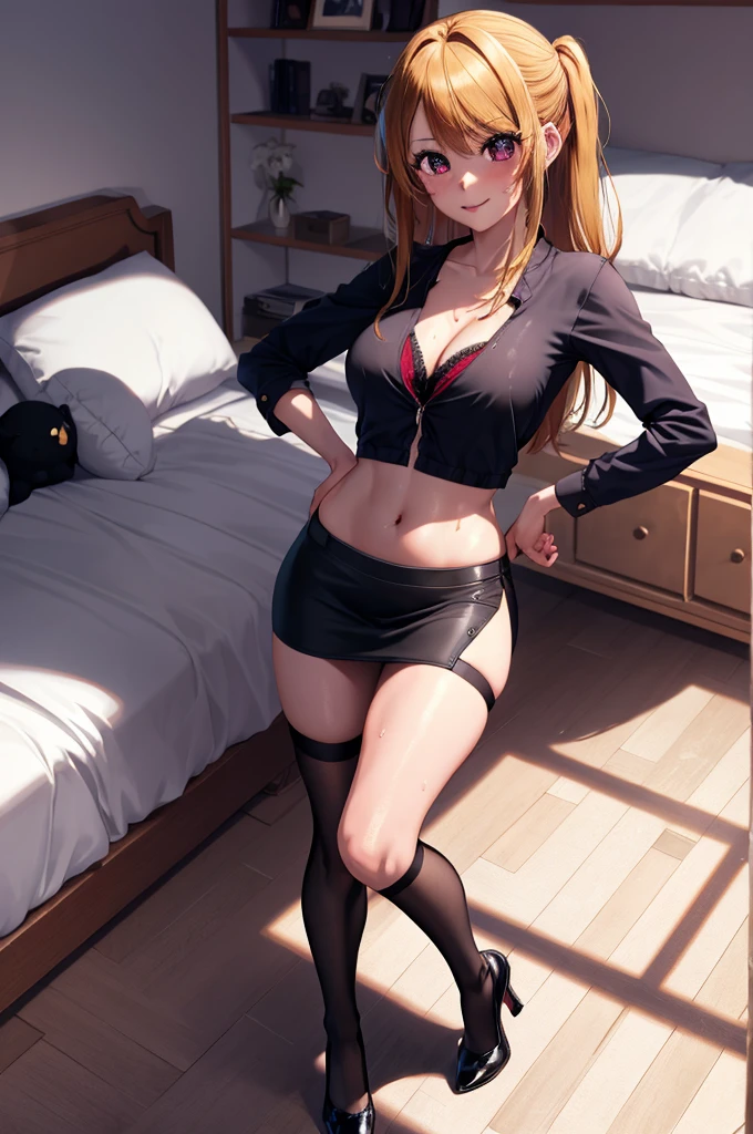 anime, beautiful face, highly detailed face, detailed perfect eyes, perfect hair, perfect lips, perfect hands, accurate hands, perfect legs. highly detailed background, perfect lighting, full body, 1girl, solo, ruby hoshino, ruby, oshi no ko, indoors, black heels, blonde hair, thighhighs, stockings, bedroom, absurdres, high res, ultrasharp, 8K, masterpiece, looking at viewer, (sexy pose:1.2), (full body:1.5), teasing, wearing bra, wearing underwear, mini skirt, short skirt, crop top, cleavage, stockings, wet,