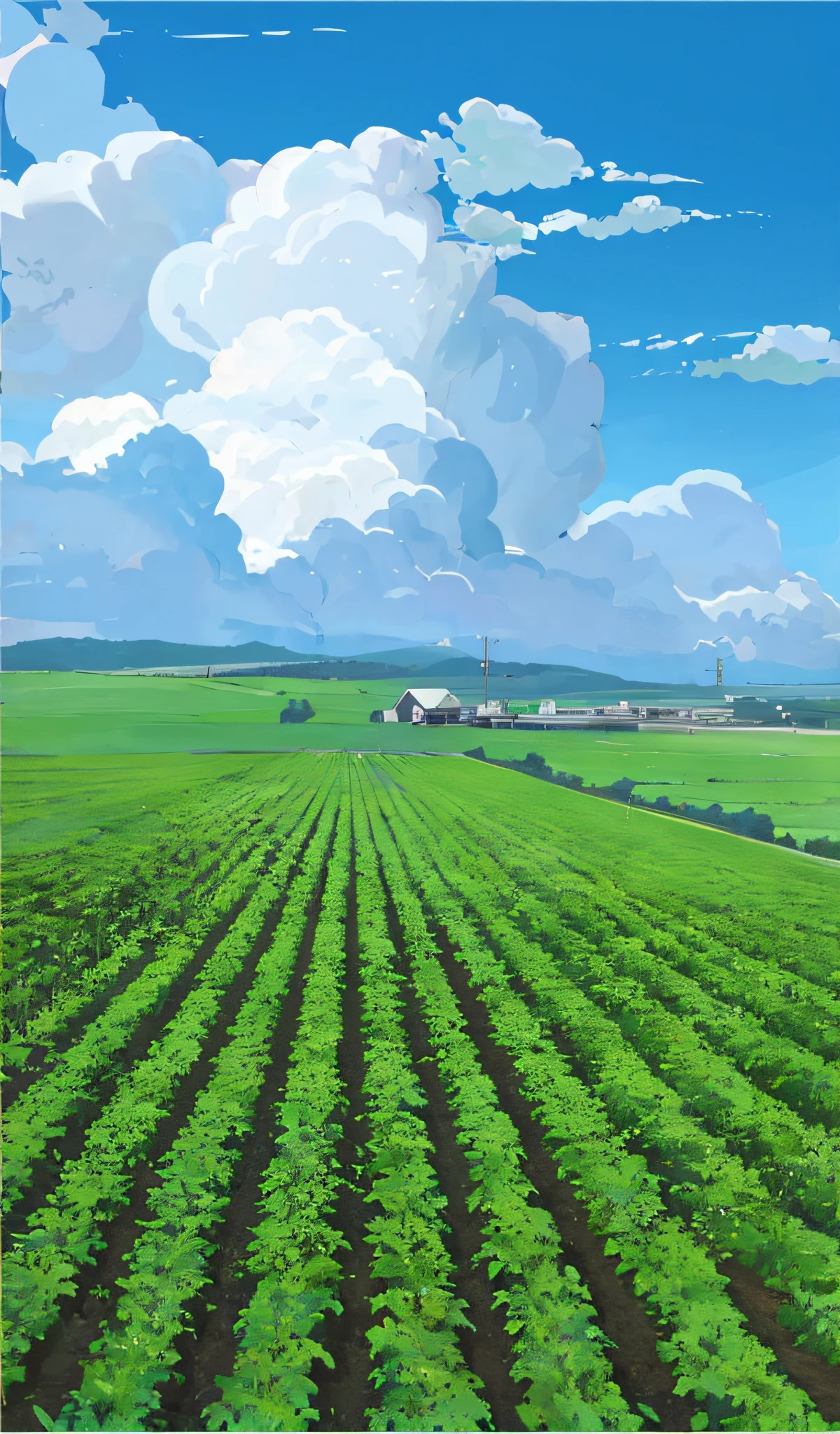 potato field,cropper,Distant blue sky and white clouds Makoto Shinkai animation style,vibrant with colors