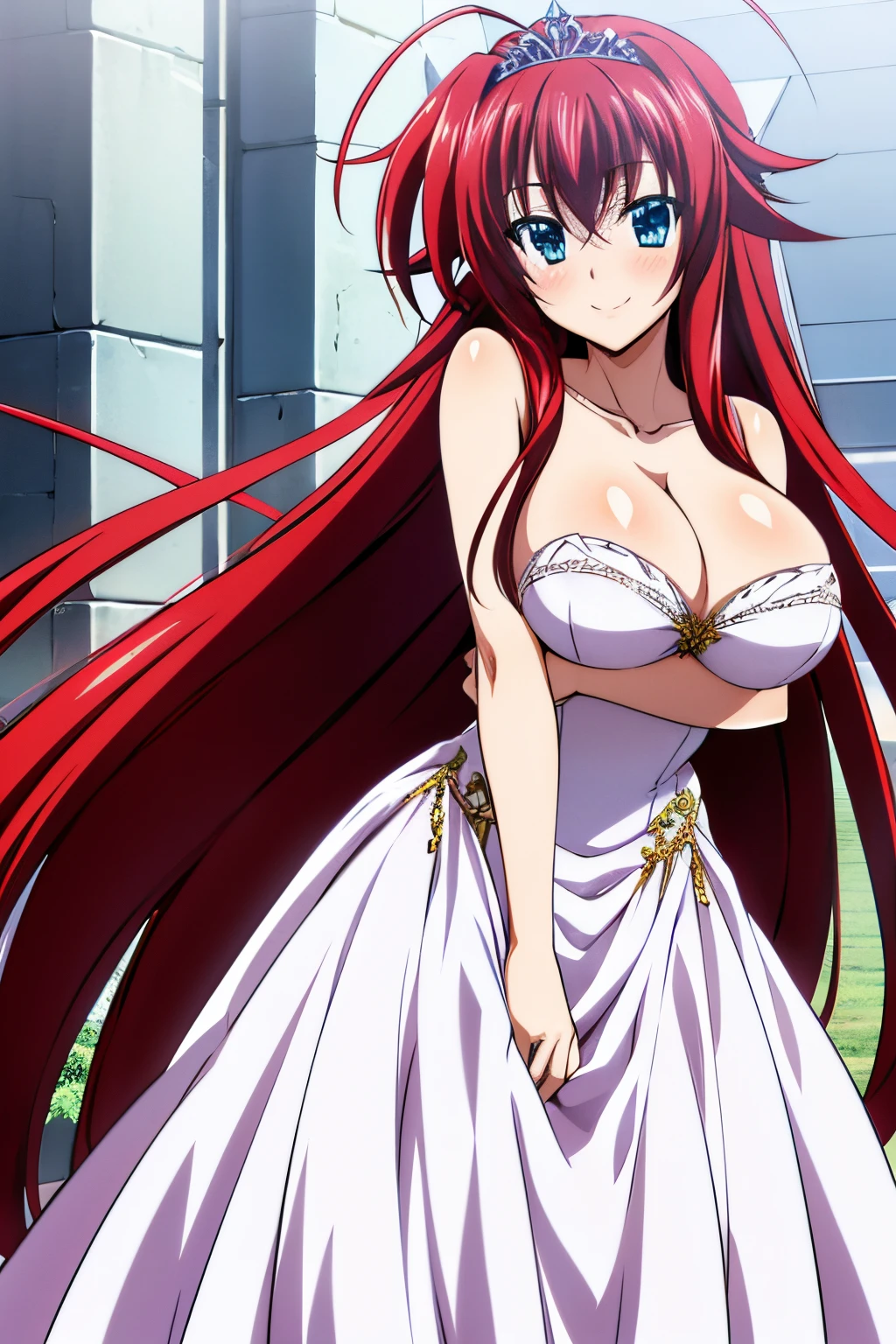 rias, 1girl, solo, long_hair, breasts, looking_at_viewer, blush, smile, blue_eyes, large_breasts, dress, cleavage, bare_shoulders, very_long_hair, ahoge, red_hair, white_dress, v, tiara, wedding_dress