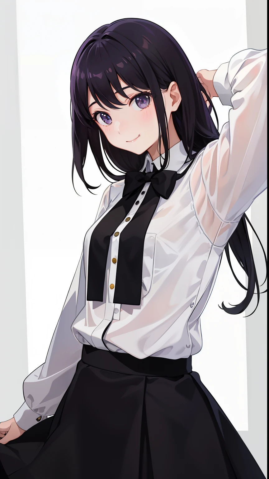 1girl in、As-、A smile、Light in the eyes、The shirt、Blouse、skirt by the、(small tits)Chilarism、movement、Upper body portrait、