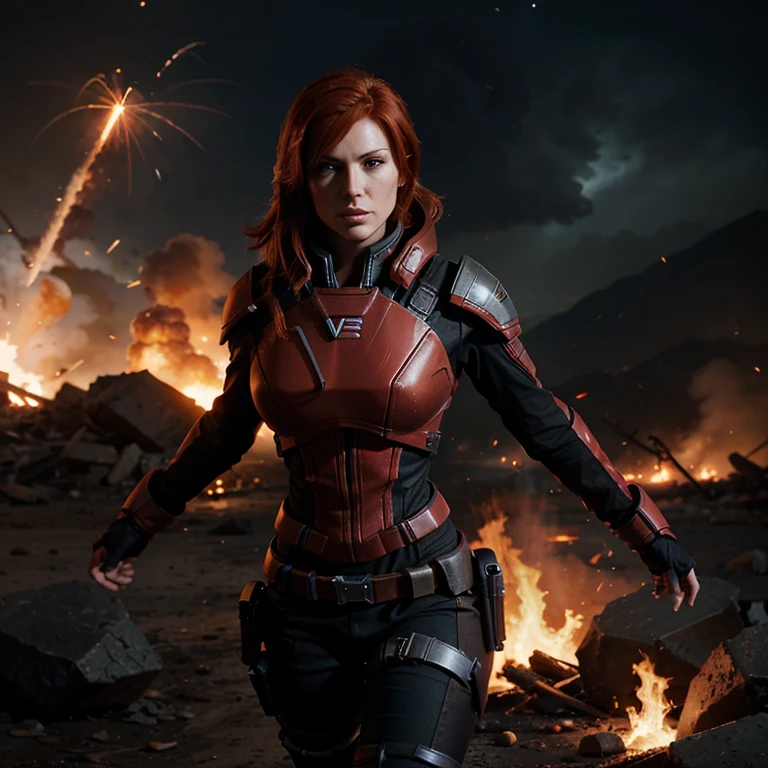 Red head femshep mass effect, action scene, fire and explosion, scifi background , epic