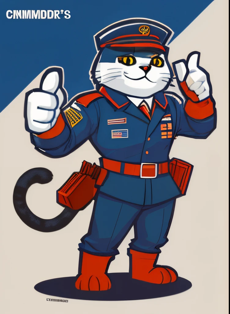 Wearing commander's clothes,Cat wearing commander hat giving thumbs up, Mascot illustration,anthropomorphic cat, macho pose, com mascot,full body mascot,comic character design, high quality character design