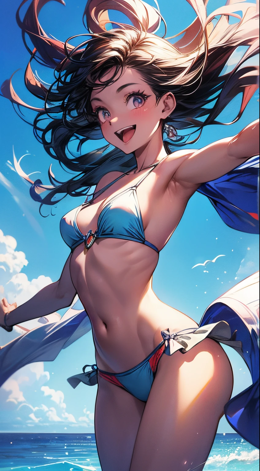 absurderes,High quality, ultra-detailliert, absolutely vibrant colors, Transparent , 1 Beautiful Pale Girl, Smile with open mouth, bikini of, Navel, Long hair fluttering in the wind , Frolic on the beach, Like dancing, spreading arms, Hyper realistic, Perfect Anatomy, Perfect five fingers, 8K,amazing,superfine illustration