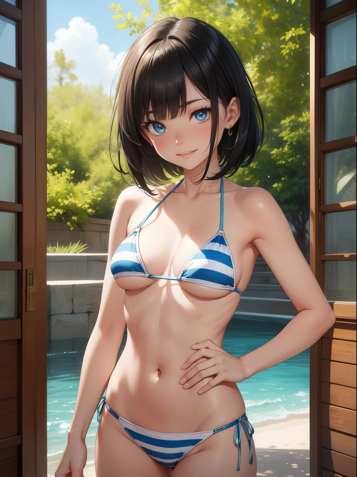 Top quality ultra-detailed CG art、Upper body naked、Cute Bikini:1.2)、White Bite Color、Glossy hair、smooth hair、large blue eyes,Mid summer、Delicate body、breasts are small、Medium Hair、short in stature、it is a feature 、ssmile、short in stature、cheerful girl、Tying hair、、bob cuts、vertical stripes、