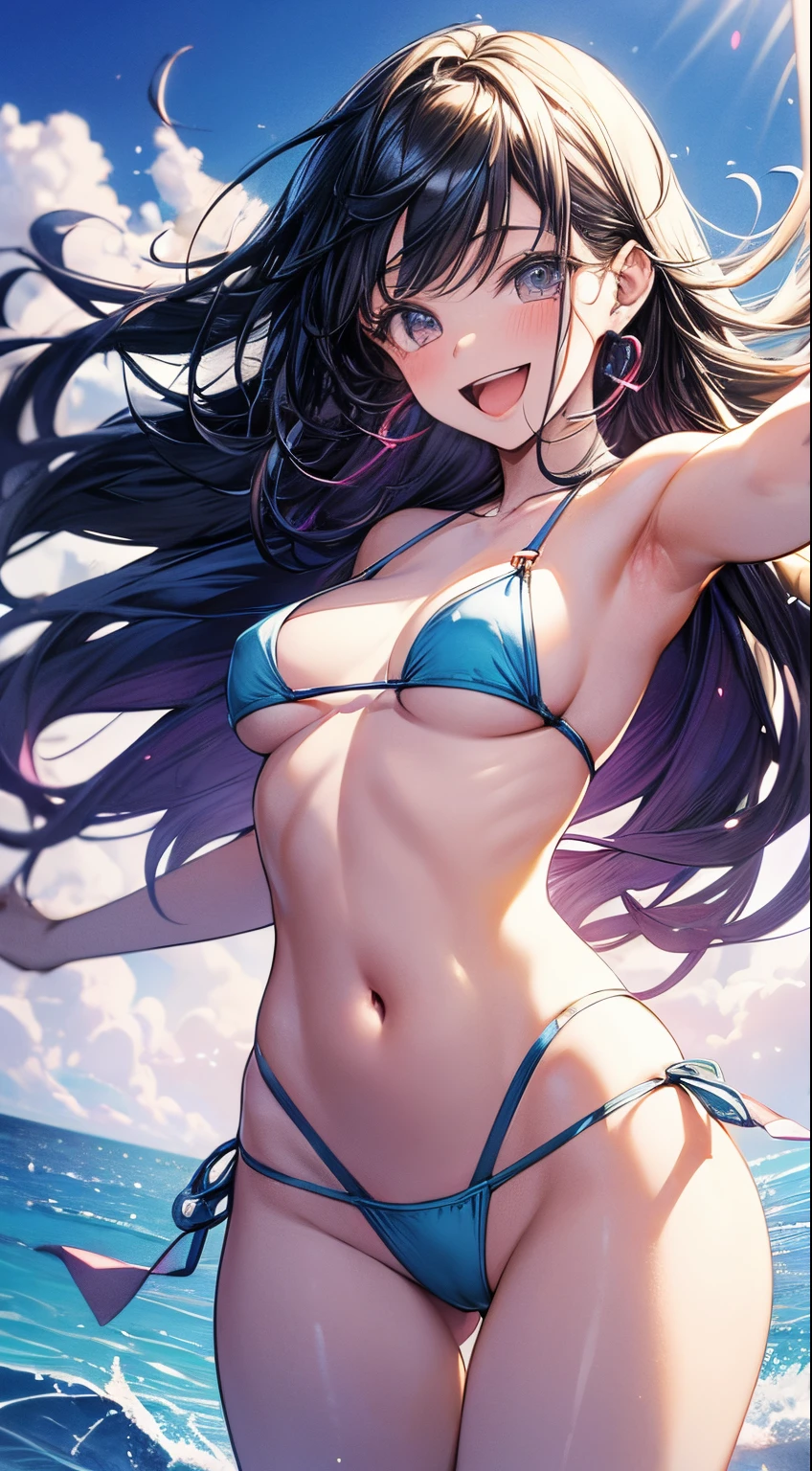 absurderes,High quality, ultra-detailliert, absolutely vibrant colors, Transparent , 1 Beautiful Pale Girl, Smile with open mouth, bikini of, Navel, Long hair fluttering in the wind , Frolic on the beach, Like dancing, spreading arms, Hyper realistic, Perfect Anatomy, Perfect five fingers, 8K,amazing,superfine illustration