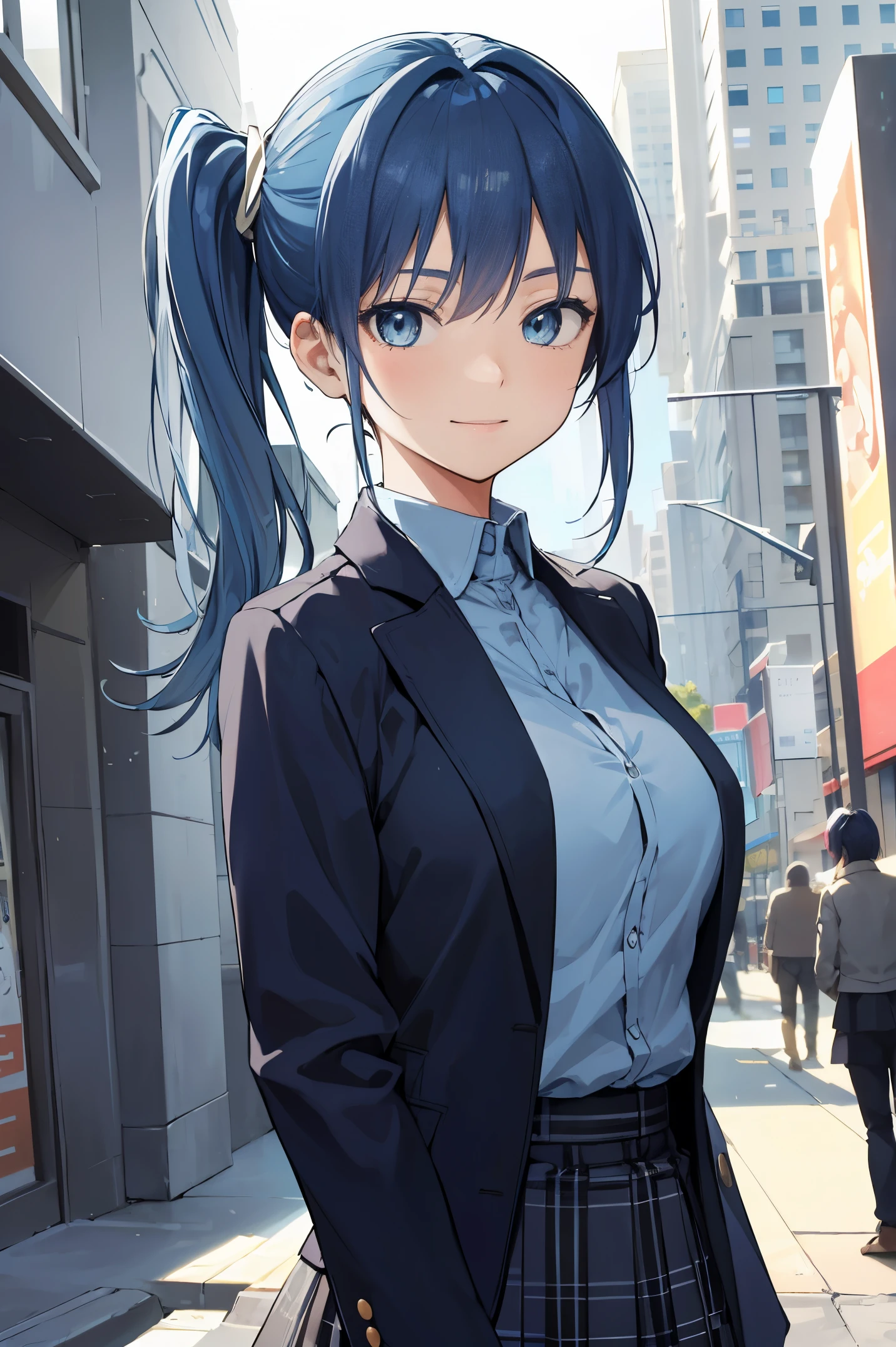 masterpiece:1.2, best quality, ((ultra detailed)), high resolution, 2d, anime style , photo, photography, detailed background, ((dark blue hair,side ponytail,light blue hair inner color,medium breasts))
BREAK
solo,(droopy eyes:1.3),20 years old, (,tall face, tall female)), ((blue eyes;1.2 )),smile,
BREAK 
walking,NewYork,street,skirt,jacket,