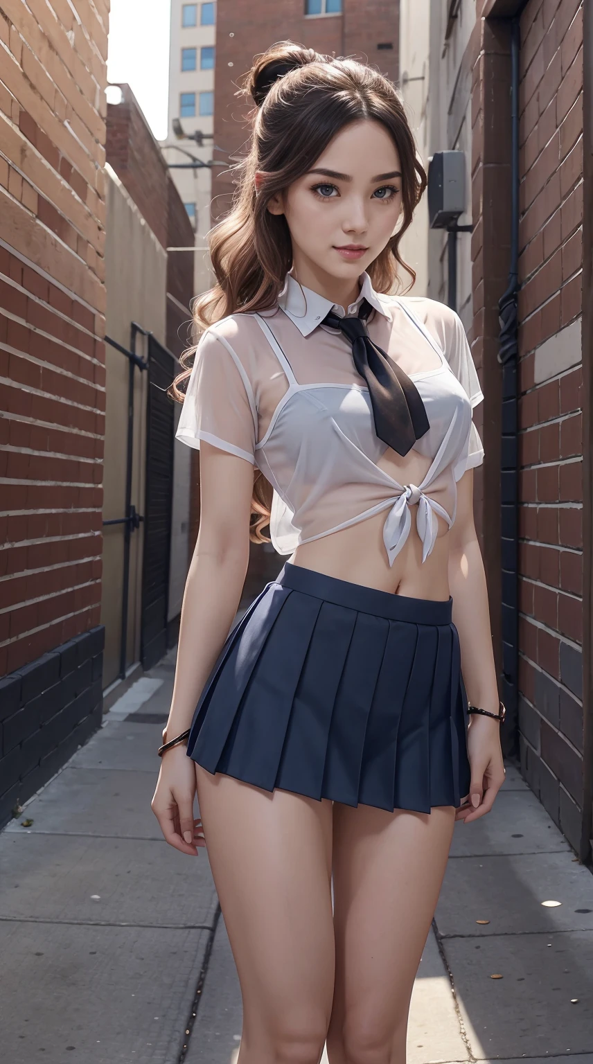 25-year-old Caucasian woman、Hair color is a gradient color、Eye color is blue、Semi-long、hair is wavy、I'm wearing eyeshadow and lipstick、wearing a hair band、accessories on wrist、Slender but well-proportioned muscular body、The navel is visible、Wearing a see-through tie-front shirt、、Chest Pochi、She's wearing a low-rise mini pleated skirt.、I'm in an alley of brick buildings in an old western city、I'm standing with my butt against the wall、a smile、Looking at the camera