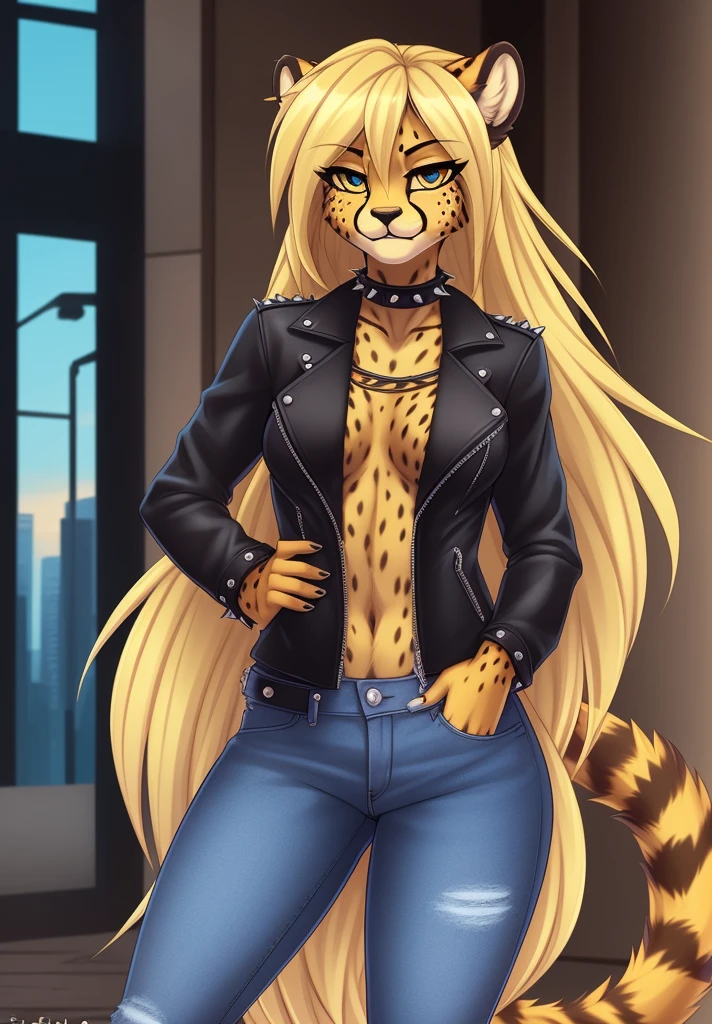 fluff-kevlar, by fluff-kevlar, anthro, ((cheetah)), female, ((1woman)), ((small breasts)), ((long hair)), ((blonde hair)), city scene, on e621, choker spiked collar, detailed body, finely detailed eyes, finely detailed paws, punk style, female focus, ((nipple bump)), (hair detailed correctly), Mihari, ((denim jeans)), ((shirt)), leather jacket, cheetah tail, ((fully dressed)), solo