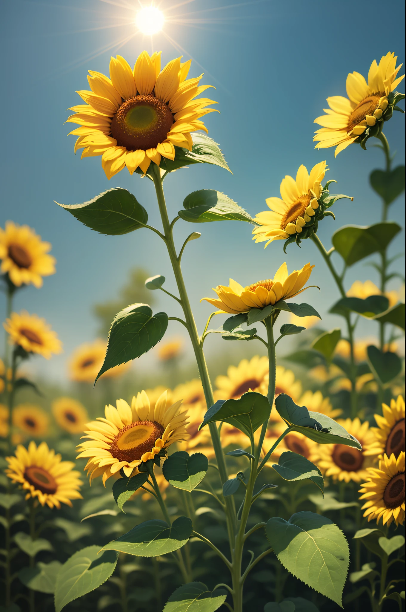 A field of vibrant sunflowers stretching as far as the eye can see, basking in the warm sunlight. Picture tall, sturdy stalks reaching towards the sky, adorned with large, golden-yellow petals that radiate a cheerful and inviting energy. Each sunflower’s face follows the path of the sun, as if in a graceful dance, capturing its radiant rays throughout the day. The bright yellow petals contrast beautifully with the deep green leaves, creating a striking visual display. Bees and butterflies flutter from flower to flower, drawn to the sweet nectar and adding a touch of lively movement to the scene. The gentle breeze carries the delicate scent of the sunflowers, filling the air with a subtle, pleasant fragrance. It’s a peaceful and enchanting sight, evoking feelings of warmth, happiness, and the beauty of nature.