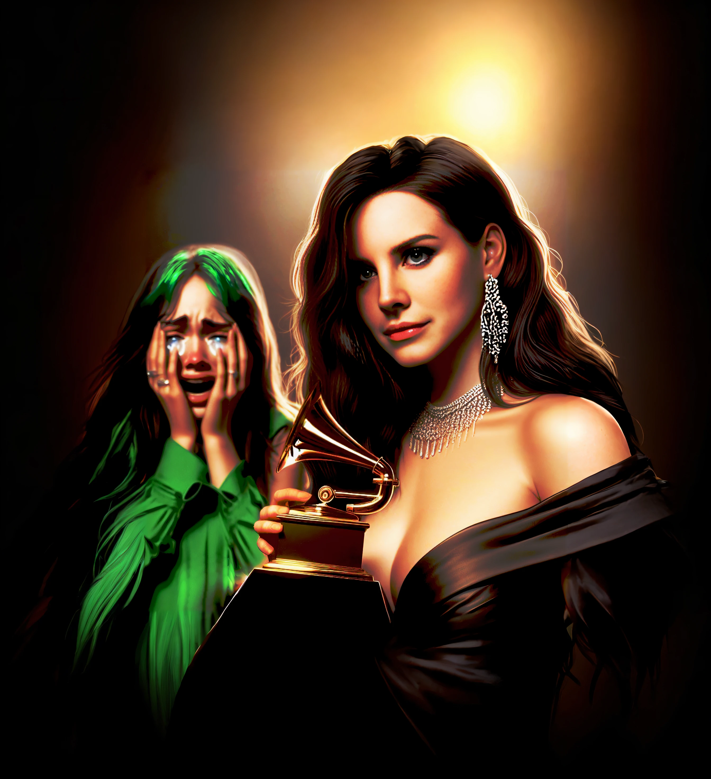 there is a woman holding a trophy and a woman with green hair, Um retrato de Lana del Rey, Vencedor do Grammy, fan art, Obra vencedora, Arte digital premiada, # 1 pintura digital de todos os tempos, #1 pintura digital de todos os tempos, Arte Digital. @mariomaniacdude, 2 0 2 1 pintura premiada