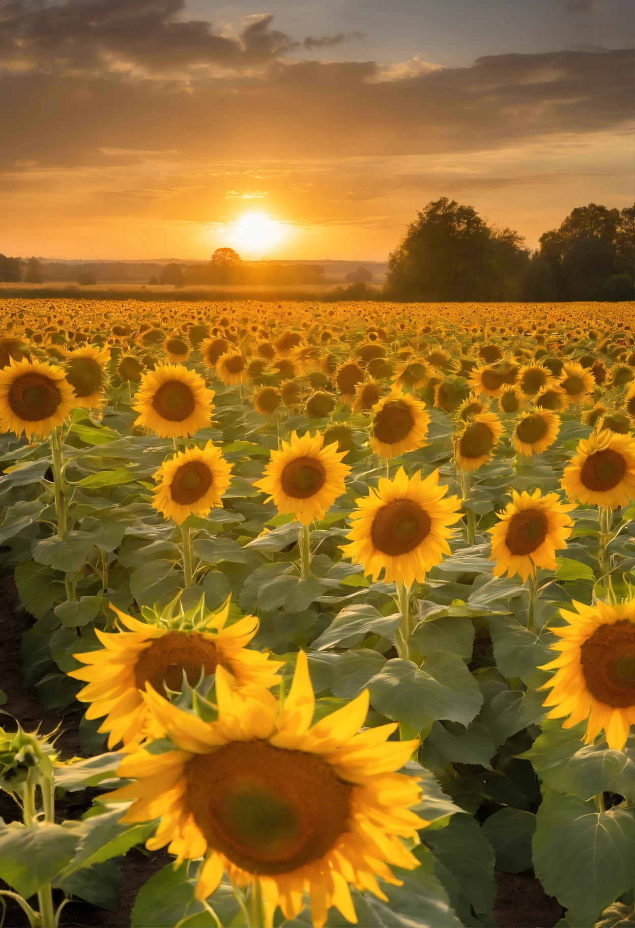 A field of vibrant sunflowers stretching as far as the eye can see, basking in the warm sunlight. Picture tall, sturdy stalks reaching towards the sky, adorned with large, golden-yellow petals that radiate a cheerful and inviting energy. Each sunflower’s face follows the path of the sun, as if in a graceful dance, capturing its radiant rays throughout the day. The bright yellow petals contrast beautifully with the deep green leaves, creating a striking visual display. Bees and butterflies flutter from flower to flower, drawn to the sweet nectar and adding a touch of lively movement to the scene. The gentle breeze carries the delicate scent of the sunflowers, filling the air with a subtle, pleasant fragrance. It’s a peaceful and enchanting sight, evoking feelings of warmth, happiness, and the beauty of nature.