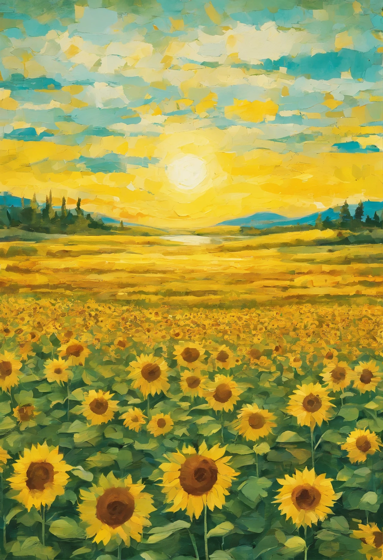 A field of vibrant sunflowers stretching as far as the eye can see, basking in the warm sunlight. Picture tall, sturdy stalks reaching towards the sky, adorned with large, golden-yellow petals that radiate a cheerful and inviting energy. Each sunflower’s face follows the path of the sun, as if in a graceful dance, capturing its radiant rays throughout the day. The bright yellow petals contrast beautifully with the deep green leaves, creating a striking visual display. Bees and butterflies flutter from flower to flower, drawn to the sweet nectar and adding a touch of lively movement to the scene. The gentle breeze carries the delicate scent of the sunflowers, filling the air with a subtle, pleasant fragrance. It’s a peaceful and enchanting sight, evoking feelings of warmth, happiness, and the beauty of nature.
