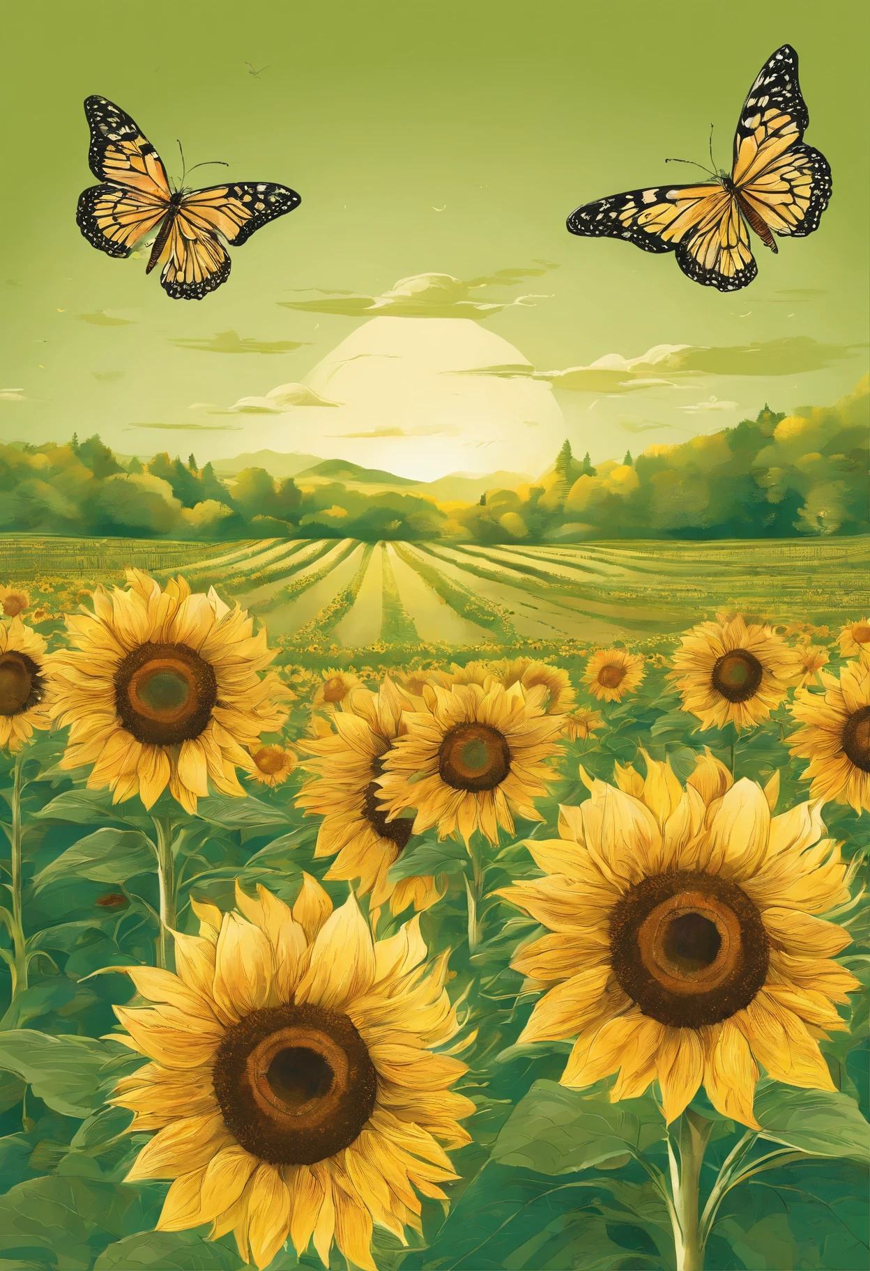 A field of vibrant sunflowers stretching as far as the eye can see, basking in the warm sunlight. Picture tall, sturdy stalks reaching towards the sky, adorned with large, golden-yellow petals that radiate a cheerful and inviting energy. Each sunflower’s face follows the path of the sun, as if in a graceful dance, capturing its radiant rays throughout the day. The bright yellow petals contrast beautifully with the deep green leaves, creating a striking visual display. Bees and butterflies flutter from flower to flower, drawn to the sweet nectar and adding a touch of lively movement to the scene. The gentle breeze carries the delicate scent of the sunflowers, filling the air with a subtle, pleasant fragrance. It’s a peaceful and enchanting sight, evoking feelings of warmth, happiness, and the beauty of nature.