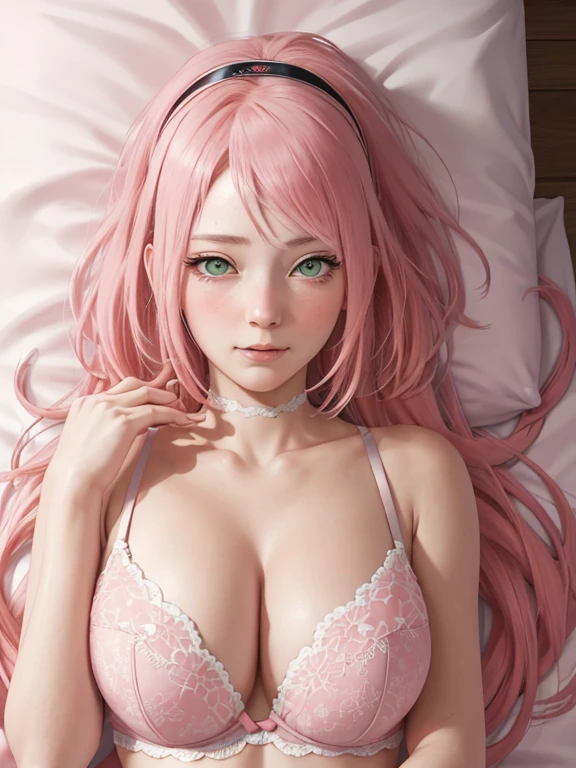 Masterpiece, high resolution, high quality, detailed face, detailed body visualization, detailed fingers,1girl, solo, sakura\(boruto\), long pink hair, green eyes, big boobs,bra, lying on bed, (from above view), blushing cheeks , shy expression