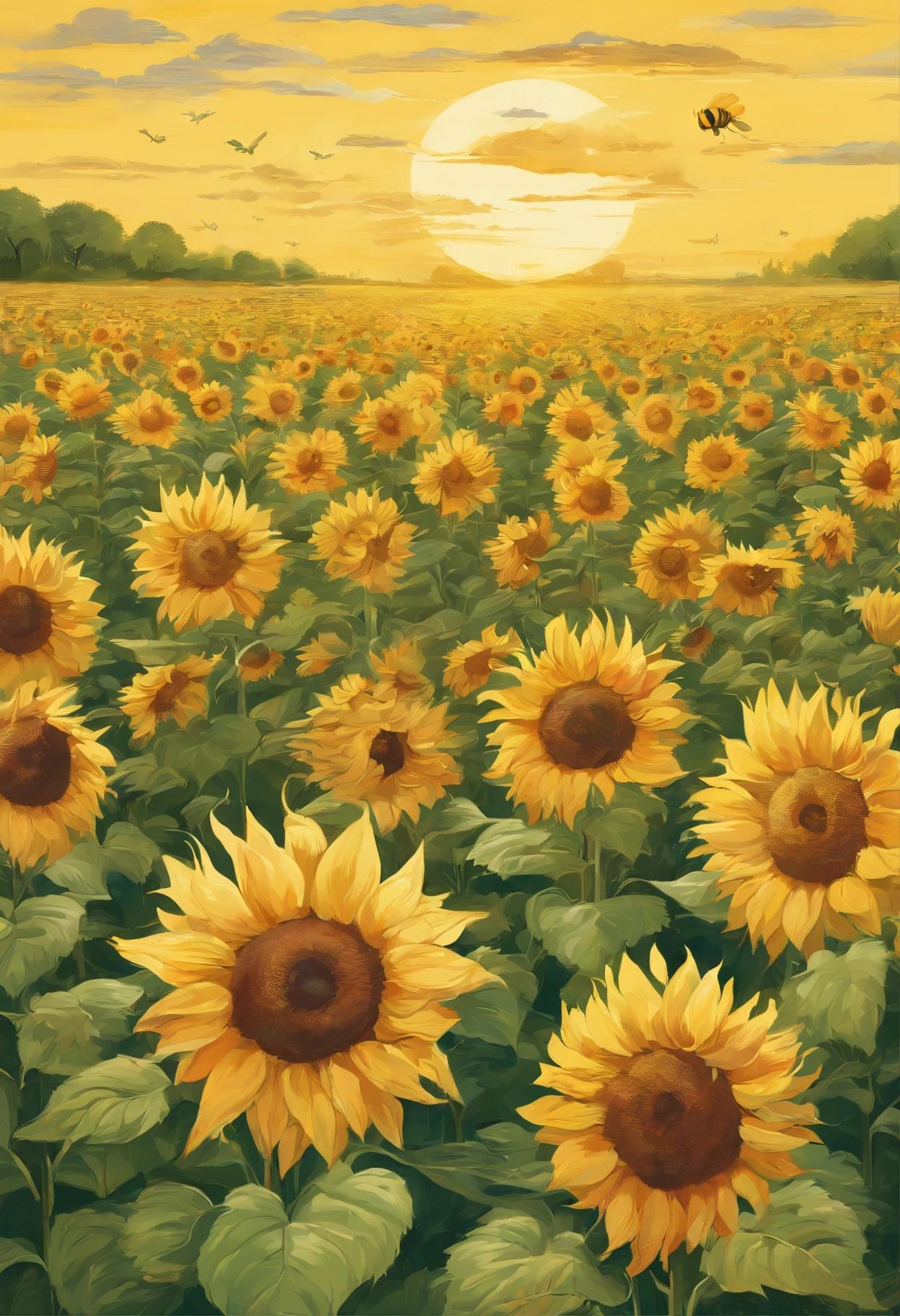 A field of vibrant sunflowers stretching as far as the eye can see, basking in the warm sunlight. Picture tall, sturdy stalks reaching towards the sky, adorned with large, golden-yellow petals that radiate a cheerful and inviting energy. Each sunflower’s face follows the path of the sun, as if in a graceful dance, capturing its radiant rays throughout the day. The bright yellow petals contrast beautifully with the deep green leaves, creating a striking visual display. Bees and butterflies flutter from flower to flower, drawn to the sweet nectar and adding a touch of lively movement to the scene. The gentle breeze carries the delicate scent of the sunflowers, filling the air with a subtle, pleasant fragrance. It’s a peaceful and enchanting sight, evoking feelings of warmth, happiness, and the beauty of nature.