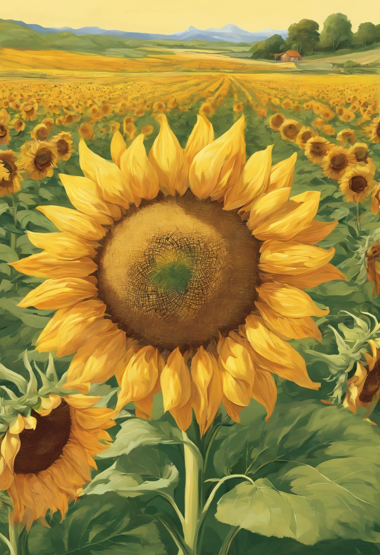A field of vibrant sunflowers stretching as far as the eye can see, basking in the warm sunlight. Picture tall, sturdy stalks reaching towards the sky, adorned with large, golden-yellow petals that radiate a cheerful and inviting energy. Each sunflower’s face follows the path of the sun, as if in a graceful dance, capturing its radiant rays throughout the day. The bright yellow petals contrast beautifully with the deep green leaves, creating a striking visual display. Bees and butterflies flutter from flower to flower, drawn to the sweet nectar and adding a touch of lively movement to the scene. The gentle breeze carries the delicate scent of the sunflowers, filling the air with a subtle, pleasant fragrance. It’s a peaceful and enchanting sight, evoking feelings of warmth, happiness, and the beauty of nature.
