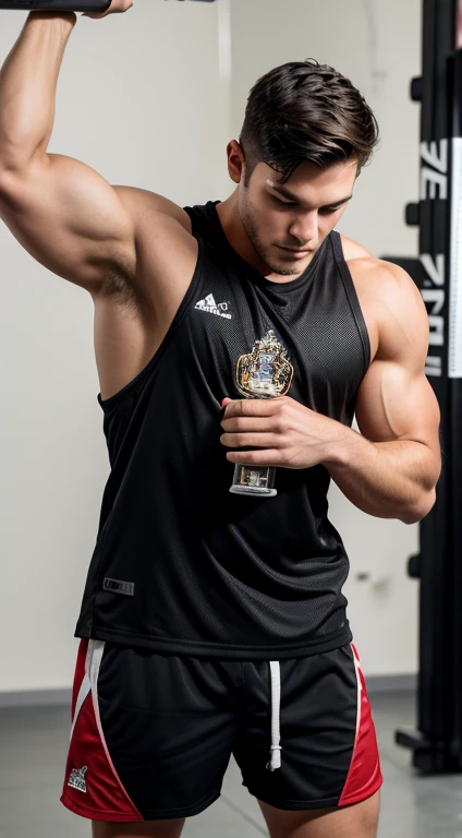 American young man, , short black hair, affiliated features, height 1.93, weight 88 kg, muscular and corpulent build, broad shoulders, v-shaped body, totally hairless , hockey player