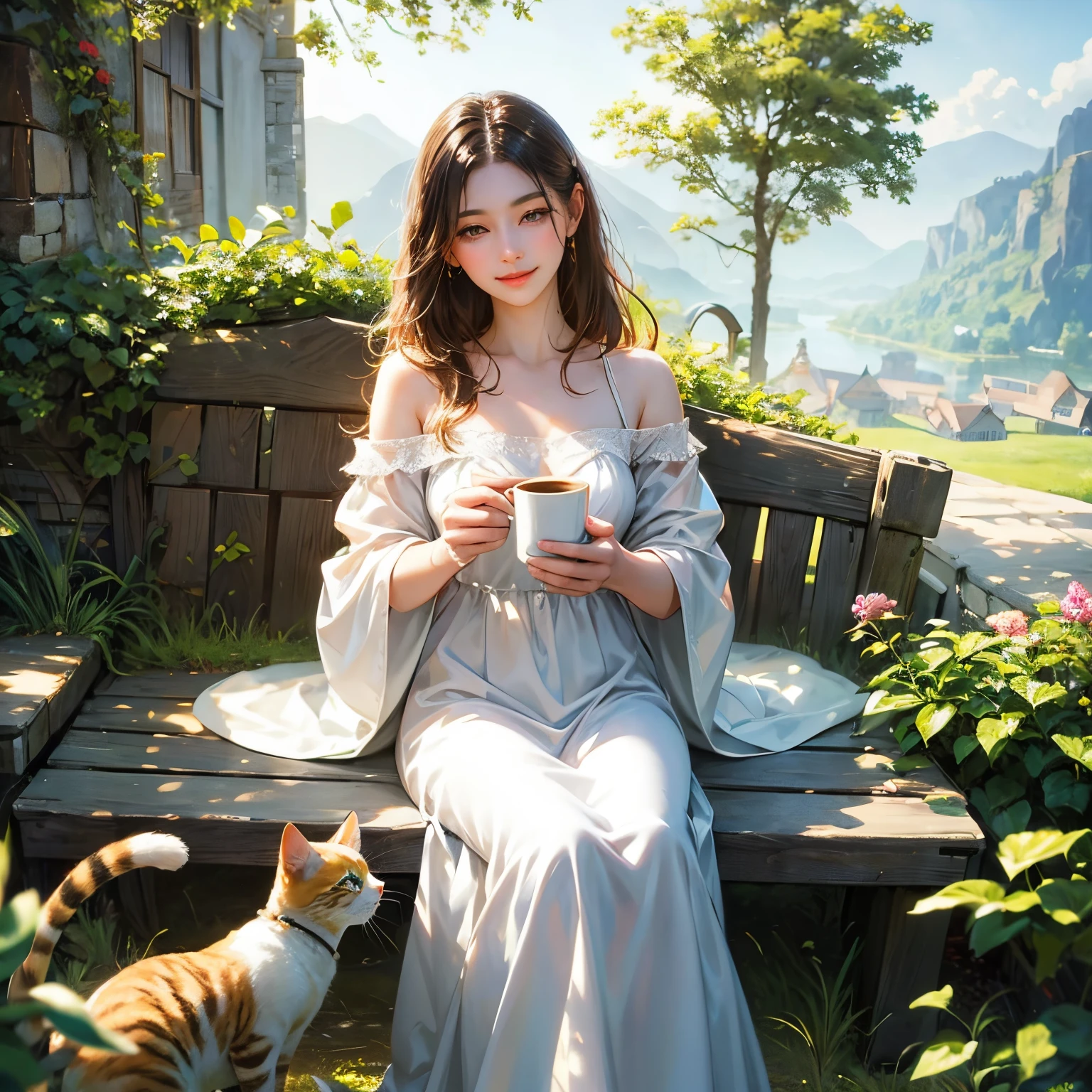 concept-art、❴Beautiful girl drinking coffee with cat❵、beautiful countenance、Gentle smile、Clear skin、Fantasia、accurate depiction、Accurate composition、masterpiece、4K