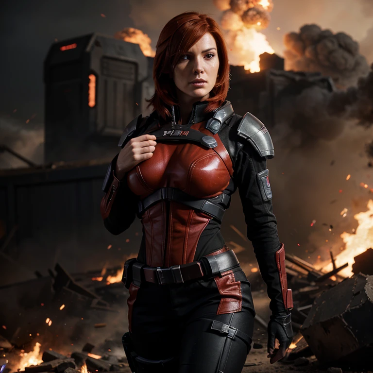 Red head femshep mass effect, action scene, fire and explosion, scifi background , epic