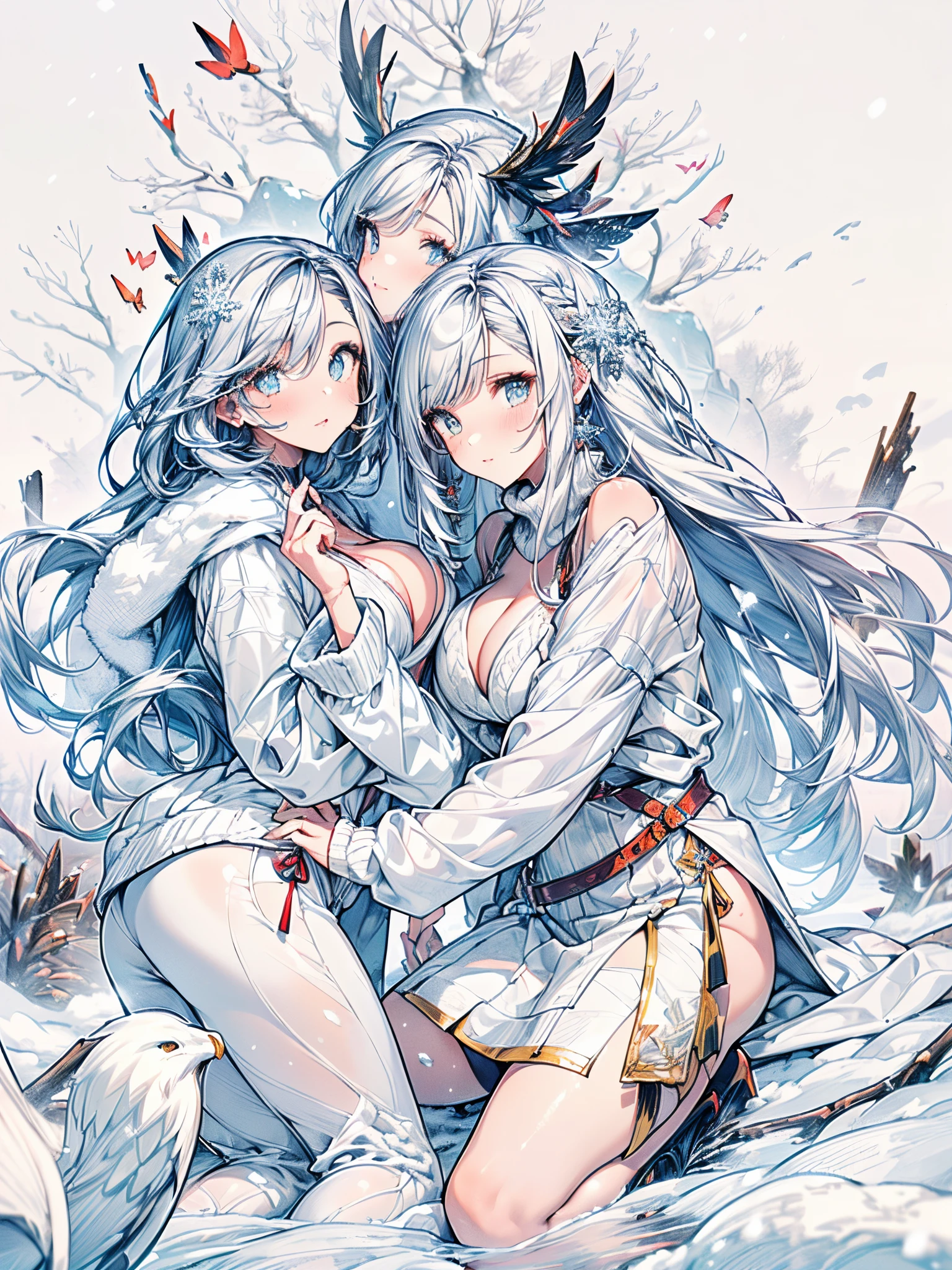 ((2 girls group photo:1.5, playing around in snowy field in forest:1.37)), Nordic, ((matured girl wearing Sexy white outfits:1.3, cable knit sweater:1.3, close-up face:1.3, seducing sexually:1.3)), a matured woman with long hair and a white outfit, white winter coat with bore, knit scarf, green ribbon, knee length long boots, white and green winter outfits, wearing dark green pleated skirt:1.3, full bodyesbian, fine details, beautiful anime illustration, 26 years old, BREAK, ((milf:1.5, duo:1.5)), (sfw:1.25), (sagging breast, fuge breasts, big tits, thin waist, big ass:1.2), Raised sexy, (dark mahogany medium short hair, updo, hair over one eye, asymmetric hair, Carly hair, low tied braid, musulman, white Headscarfs, hair bands, head vandage, Turban), (ultra high resolution, 8K RAW photo, photo realistics, thin outline:1.3, clear focus, best qualtiy, natural lighting, textile shading, blurry back ground, depth of field, bokeh, (bright shiny pupils:1.2, fine detailed beautiful eyes with highlight:1.3, super detailed eyes, high detailed face), Red lip, fine realistic skins:1.1, looking at viewers through your shoulder:1.3, (dynamic angle:1.3, crotch focus:1.3, from behind below:1.4), (multi posing:0.0, sexy pose:1.3, sitting with opening legs shaped M:1.5), (seductive, sexy smile with:1.4), centered image:0.2, (wearing white long coat with bore and clothes:1.1, bare breast:1.2), gold ornaments, rolling red clothes around waist, dark brown long leather boots:1.3, translucent lace pantyhose), (((correct anatomy:1.5))), ((perfect hands:1.5, ideal ratio body proportions:1.37)), (in a night:1.3), outdoors:1.6, ((under starry sky:1.2, snowy forest background:1.5, trees with fallen snow:1.2, fluttering snowflakes:1.3)),