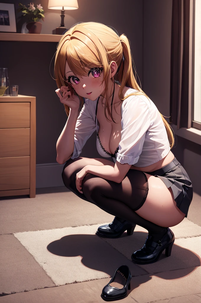 anime, beautiful face, highly detailed face, detailed perfect eyes, perfect hair, perfect lips, perfect hands, accurate hands, perfect legs. highly detailed background, perfect lighting, full body, 1girl, solo, ruby hoshino, ruby, oshi no ko, indoors, black heels, blonde hair, thighhighs, stockings, bedroom, absurdres, high res, ultrasharp, 8K, masterpiece, looking at viewer, (sexy pose:1.2), (full body:1.5), teasing, wearing bra, beautiful panties, wearing underwear, mini skirt, short skirt, crop top, cleavage, stockings, wet, on the floor, on all fours, squatting, crouched