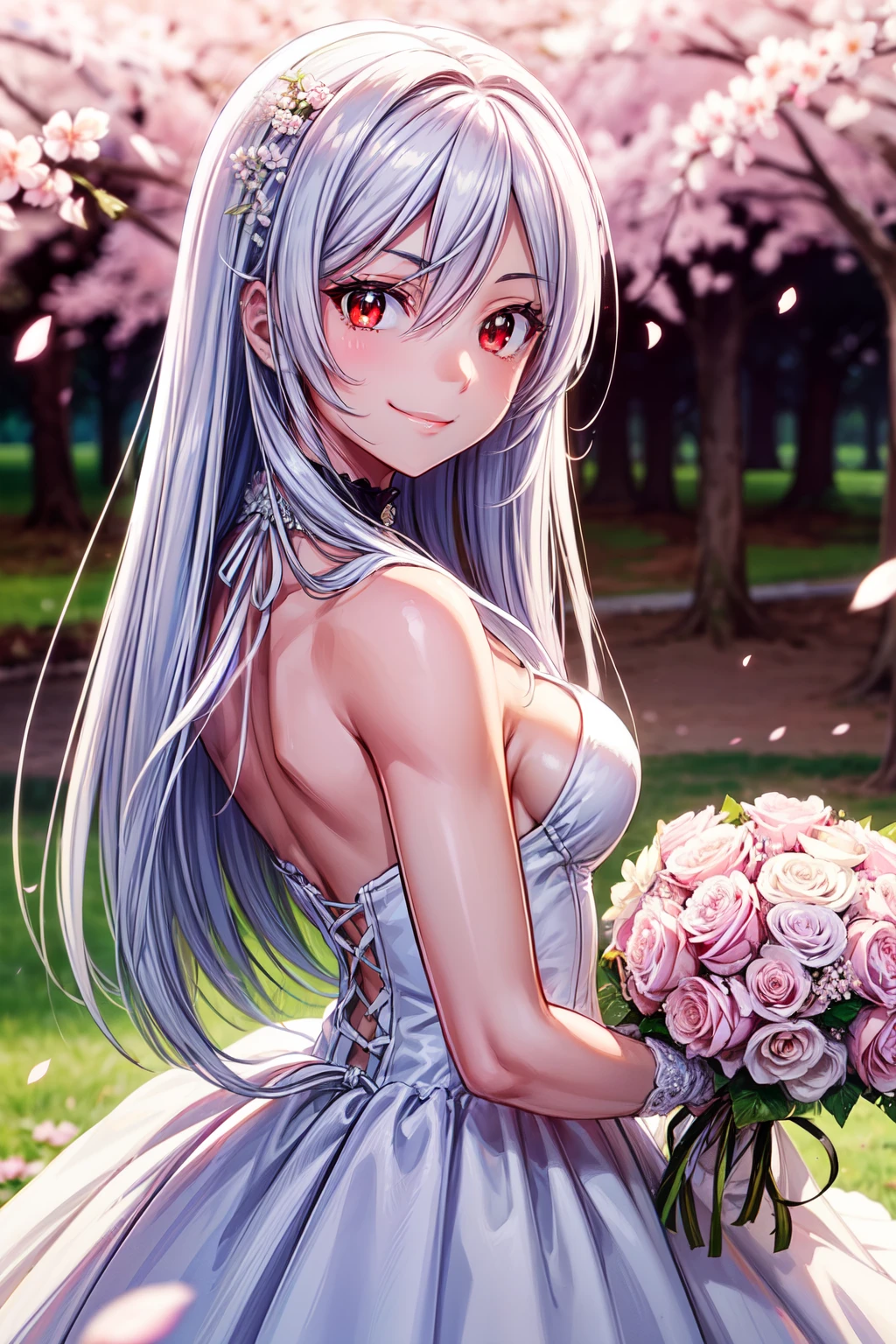 1 girl, 28 years old, Long silver hair, red eyes with slit pupils, small breasts, master-piece, best quality, proportional body, proportional, Wedding Dresses, White Wedding Dress, Long skirt, wedding, Under the cherry blossom tree background, Cherry blossom petals are falling, outdoor, wedding, Upper body, The sky is beautiful, Both hands hold a bouquet of flowers, white gloves, Make eye contact with the camera, back figure, looking back, (light_Smile:1.5), (Detailed hands and fingers:1.2)