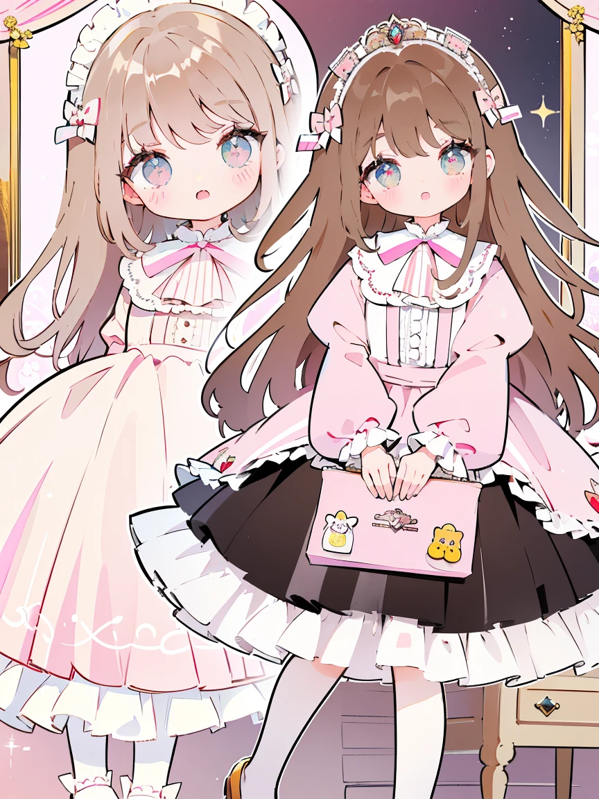 2girls、cute little、panoramic view, head to feet view, masterpiece, top-quality、Top image quality, a village bakery shop background, loli in dress, cute waitress, miuna, slender, (brown hair:1.3), cute face, sparkle big eyes long lashes, medium breasts, (long hair:1.2), full body, (round face:1.4), (round chin:1.4), (glossy lips:1.2), sparkling pink detailed glass eyes,jirai kei,Smile, BREAK, ((gothic lolita janska:1.5)), (Wain reddo jewelry decorated waitress dress, striped pink white and brown dress, pastel color lace decoration), muted colors, pale pastel colours, Floating light spot, ((Princess in a gorgeous rococo ball gown decorated with beautiful embroidery and jewels, with a voluminous full-length hoop skirt with ruffles)), ((crinoline)), (sparkle) of the anime girl, normal hands, detailed five fingers on each hand, 2 hands, 2 legs, 2 feet, white stocking, thigh-highs, lace, brown heel shoes open toe, standing in a dynamic pose, adorned with kawaii accessories cute teddy-bear charms, detailed ((golden chain attached to a brown teddy-bear face plush purse)), hair accessory, at background, detailed cute fluffy brown bear, soft warm inviting cafe table with beautiful french pastries tier platter and detailed coffee cup, pastel brown, white, yellow, light pink colors,  striped pink white and pink bakery party, illustration in the style of @ekureea on X twitter, Lolita glam dress, art by @hareroom1 on Twitter, beautiful line art, manga, beautiful line art, manga style, manga art style, pencil and ink caricature drawing, flat colours, detailed, attention to detail,