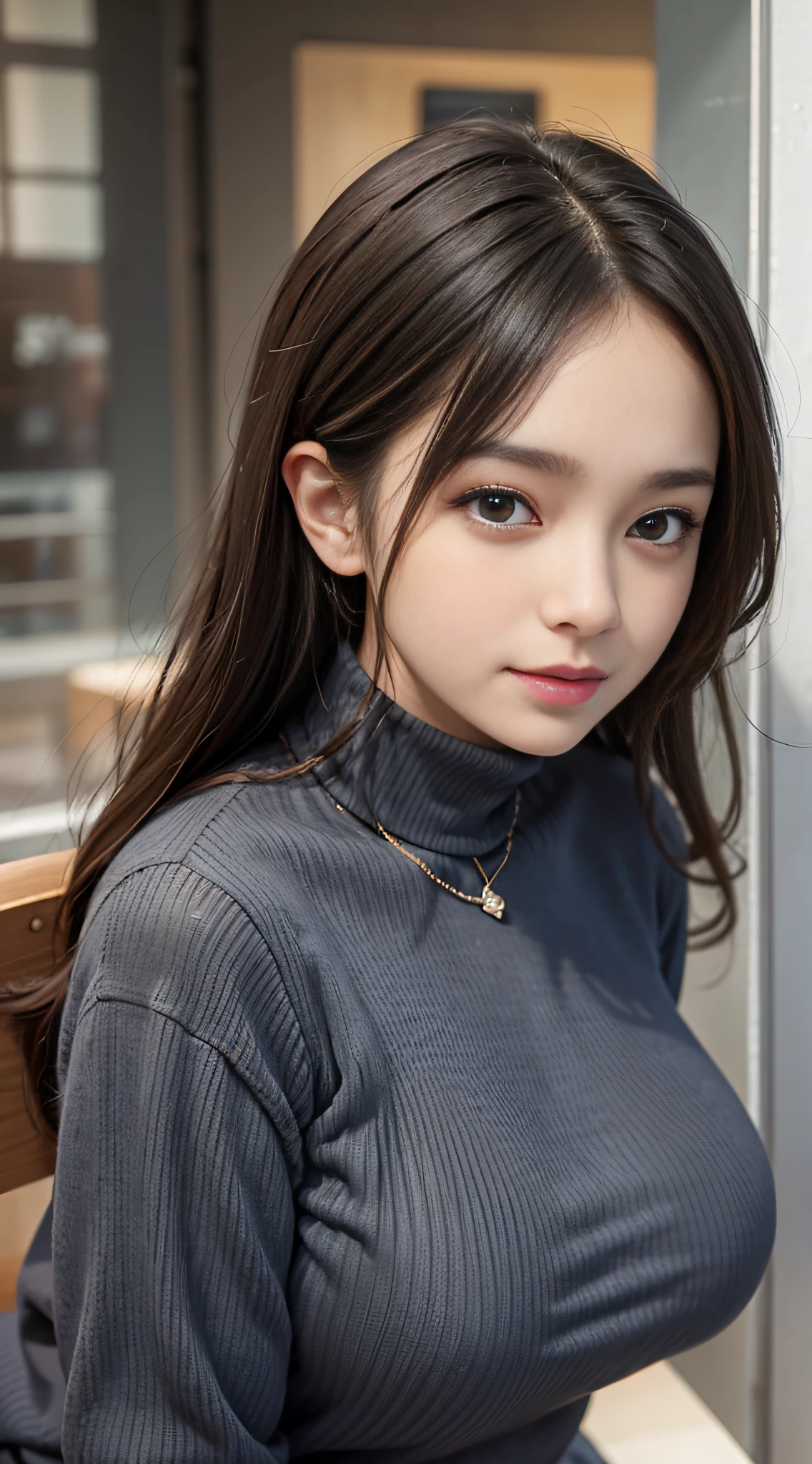 ((Mature woman sitting in front of café)),((turtleneck shirt:1.3)). 40k, Photography, masutepiece, Best Quality, dark grey background, ((Mature Women, waifu, Mami, A MILF)), ((voluptuous breasts)), Perfect face, perfect breasts - huge)), ((Gorgeous bright black hair girl with brown eyes)). a Pretty Japanese woman,completely soft chest and white skin,,,,,, ((Very soft breasts)). Ultra-detailed face, Detailed eyes, embarrassed, Smile, Summer, Daytime, (((Slave Collar))), Half body, fixed